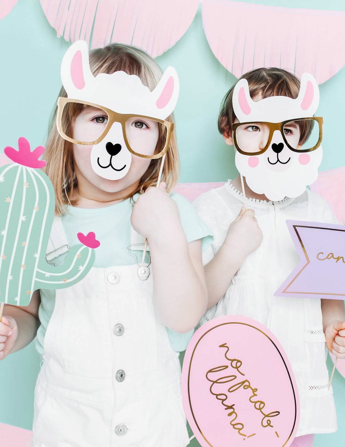 Tilannekuva lasten esittämänä pastellisävyisestä lama photobooth -setistä, 5 osaa synttärit varten