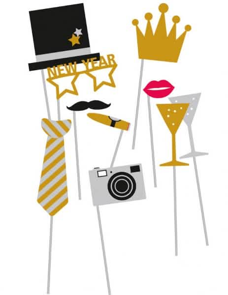 Uuden vuoden photobooth-setti musta ja kulta uudenvuodenaattoon, jossa 10 asustetta
