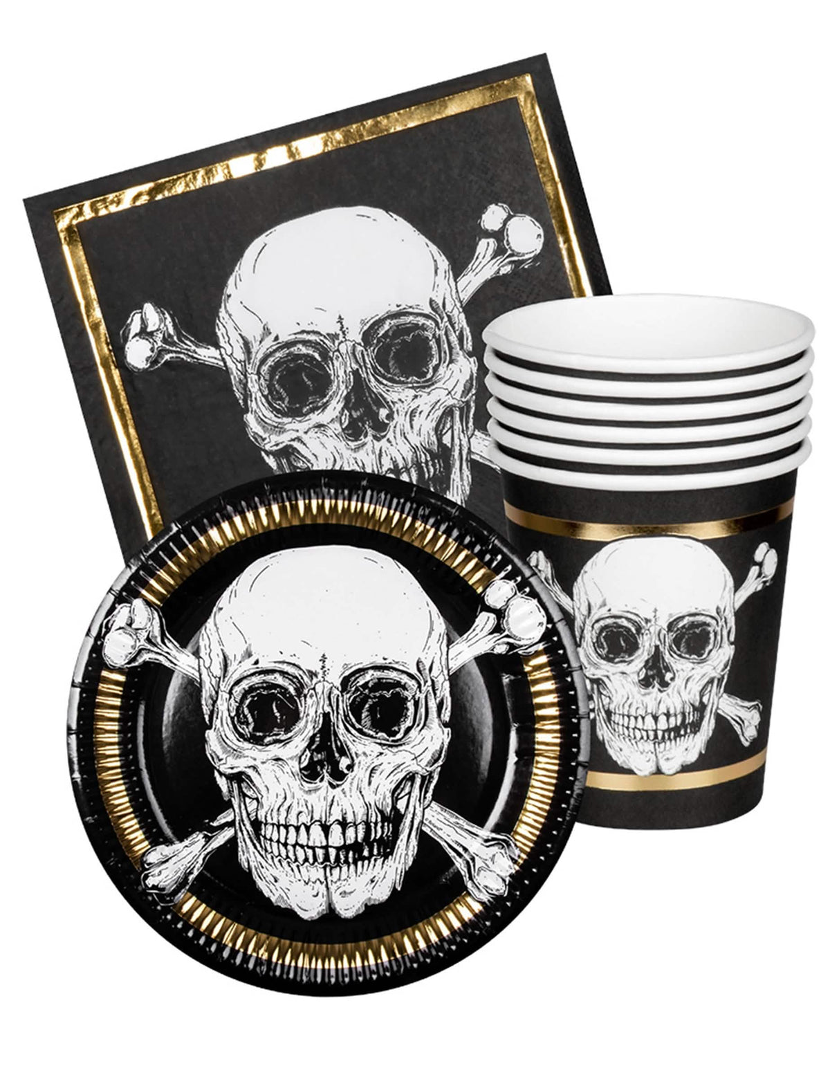 Merirosvo Jolly Roger -astiasto 6 hengelle musta ja kulta