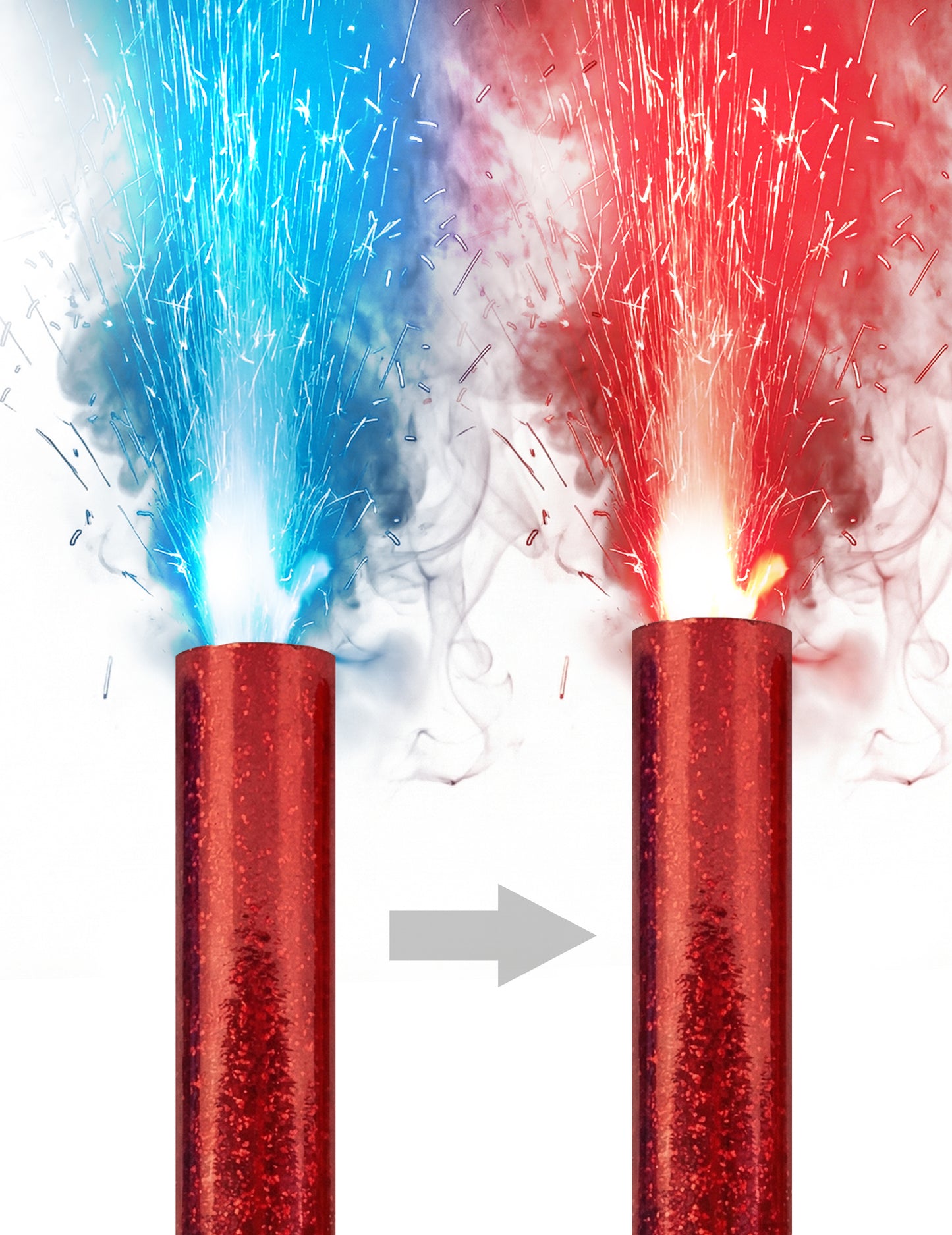 Illustration de l'effet de transition des fontaines scintillantes à changement de couleur bleu et rouge pailletées