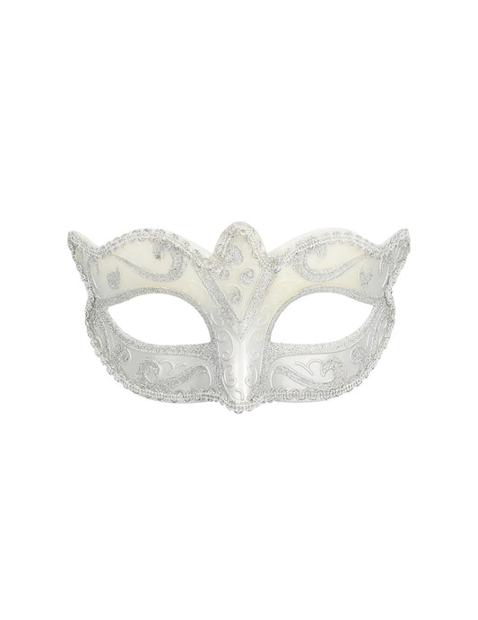 Vue de face du loup vénitien pour femme argenté pailleté