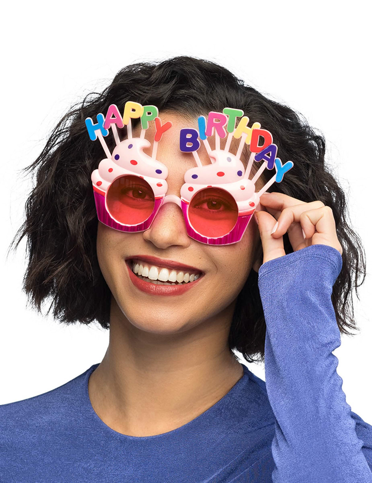 Suoraan edestä kuvattu Happy Birthday cupcake -silmälasit aikuiset