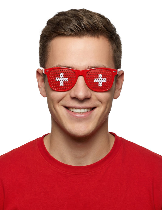 Vue de face des lunettes supporter avec drapeau Suisse