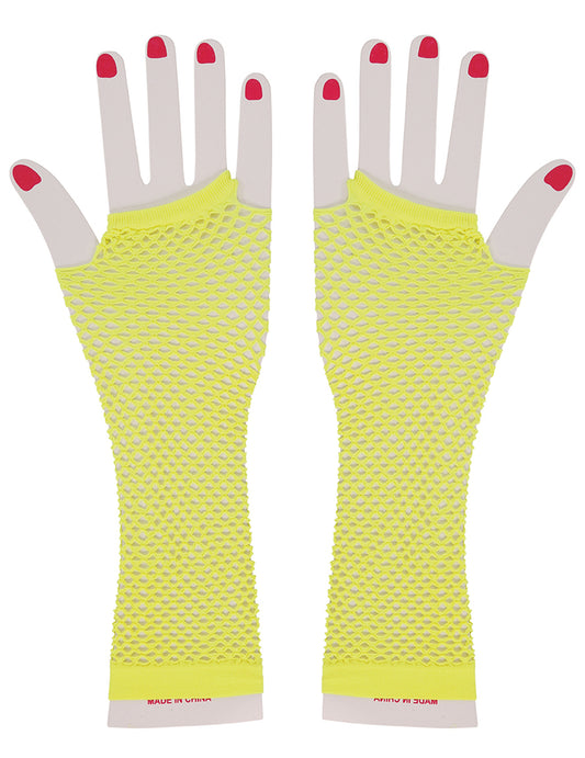 Vue de face des mitaines longues résille jaune fluo
