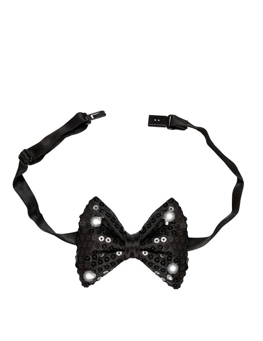 Détail du système d'attache du noeud papillon à sequins et LED clignotantes pour adulte noir