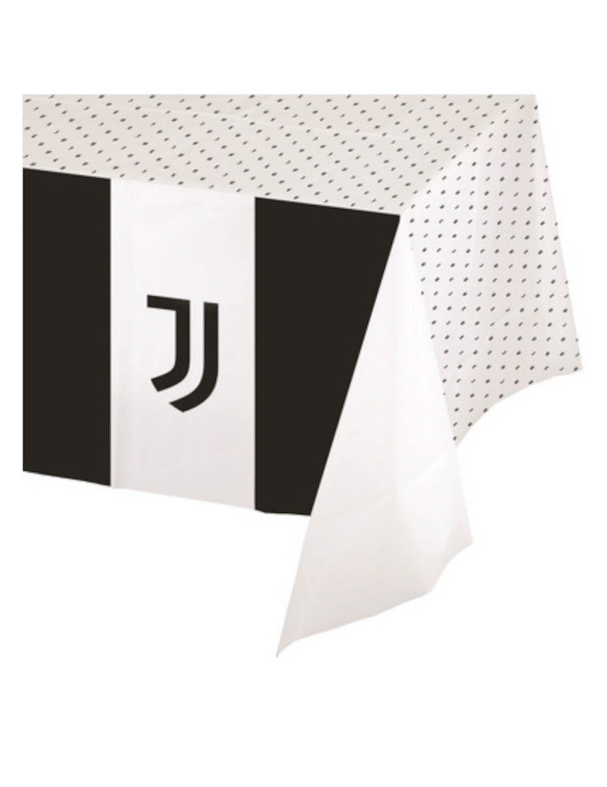 juventus mustavalkoinen paperipöytäliina, jossa on logo ja pilkkukuviot
