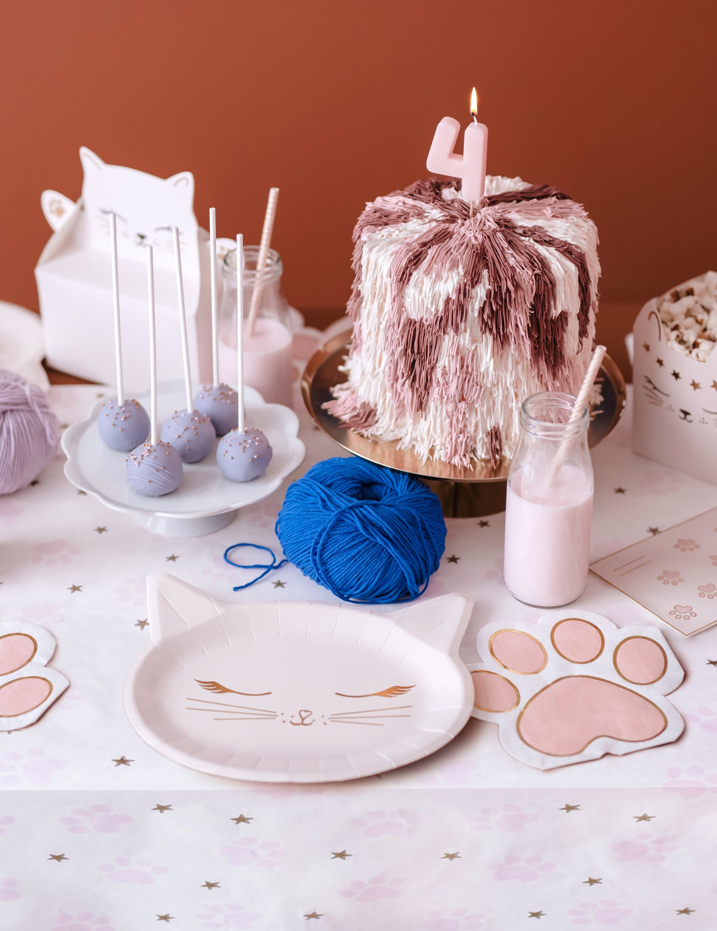 Mise en scène de la décoration de table avec la nappe en papier pattes de chat