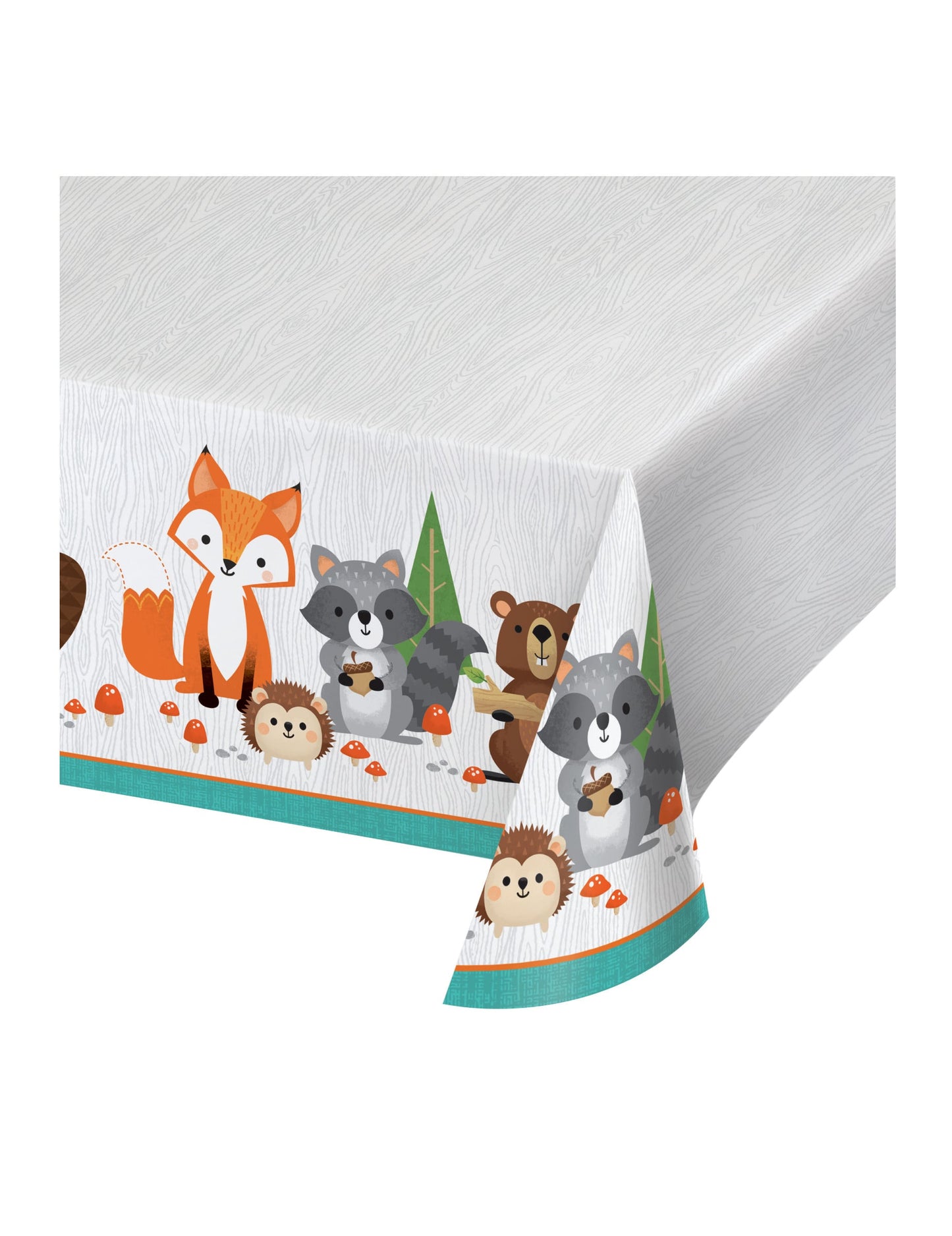 Nappe en plastique animaux de la forêt pour anniversaire blanche effet bois avec renard et raton laveur