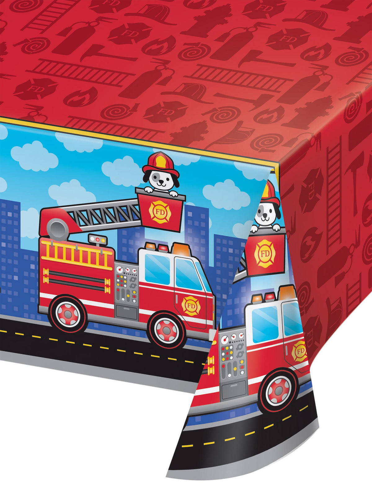 Nappe en plastique camion de pompier pour anniversaire rouge avec illustration de camion et chien dalmatien