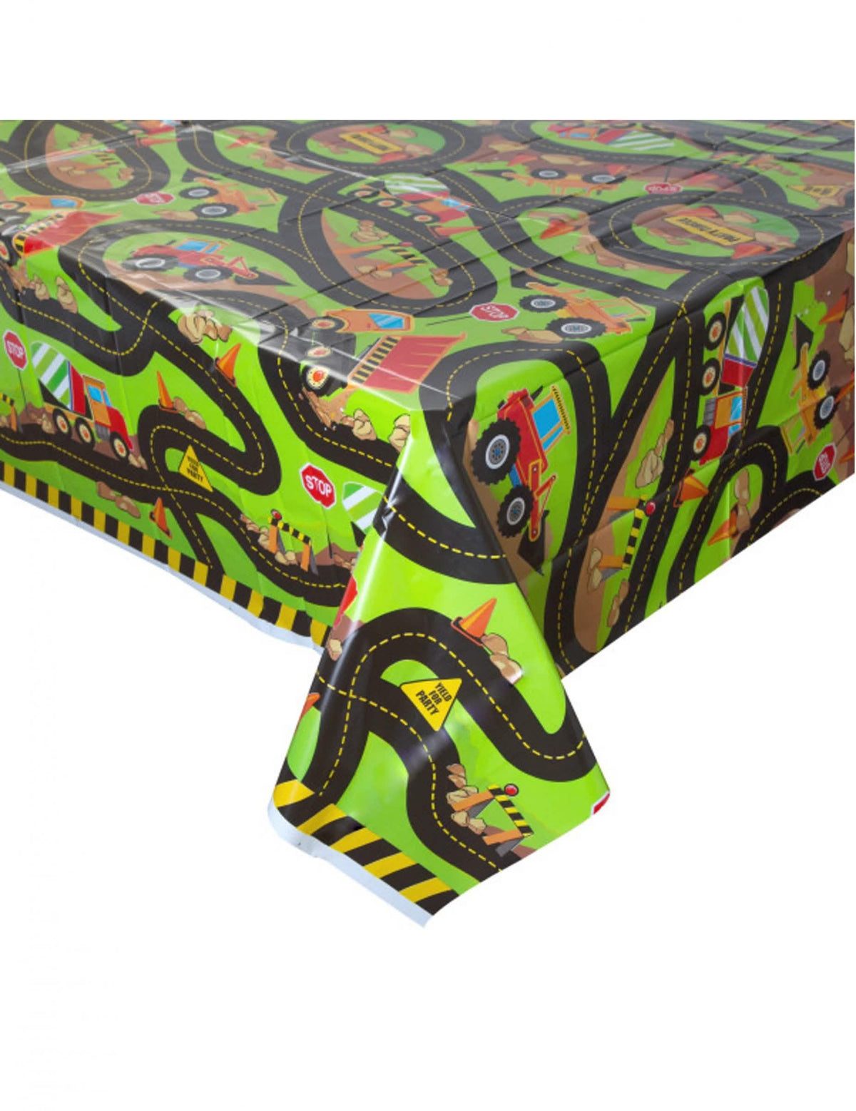 Nappe en plastique chantier pour enfant verte avec motifs de routes et engins de construction