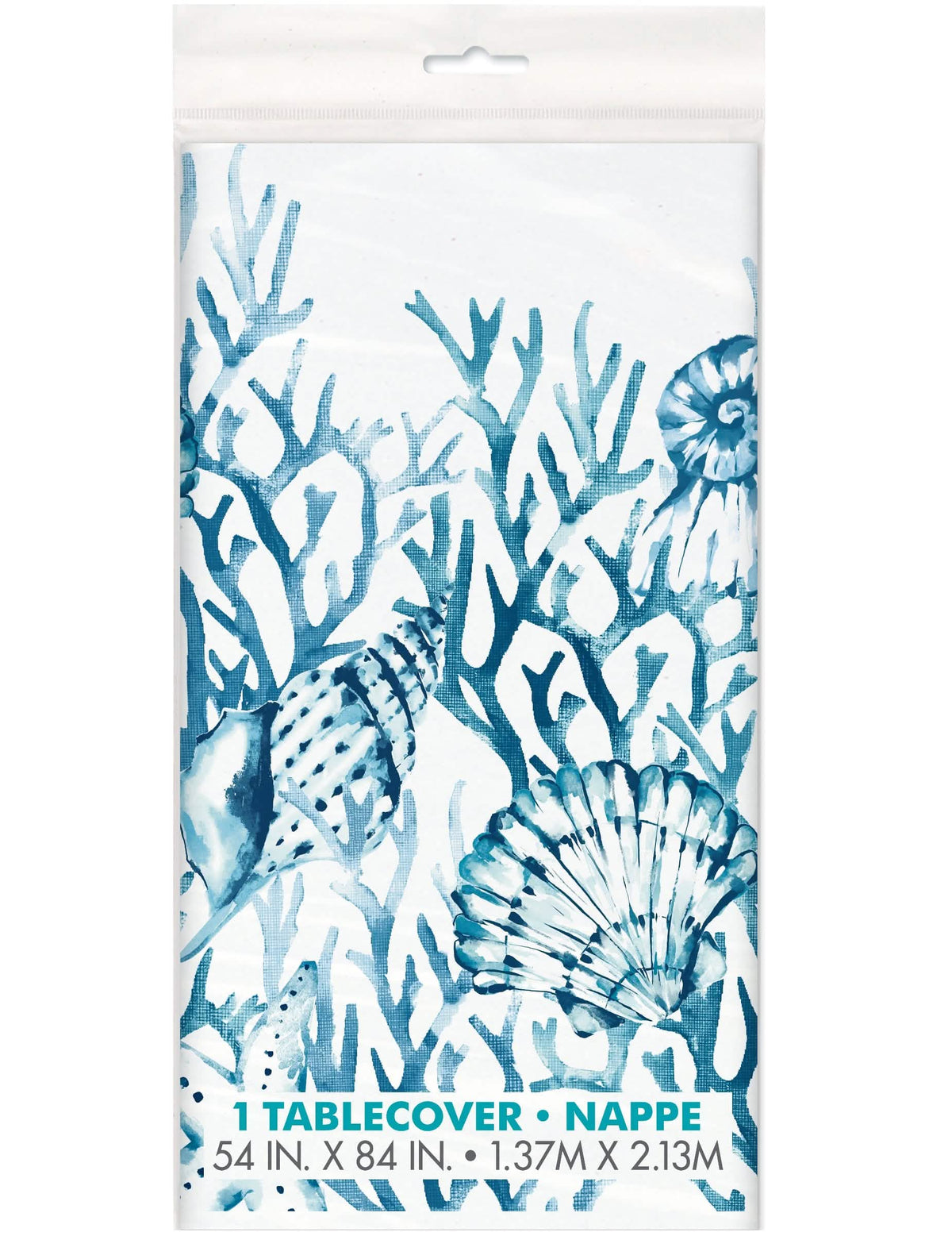 Nappe en plastique corail motif coquillages pour fête bleue et blanche