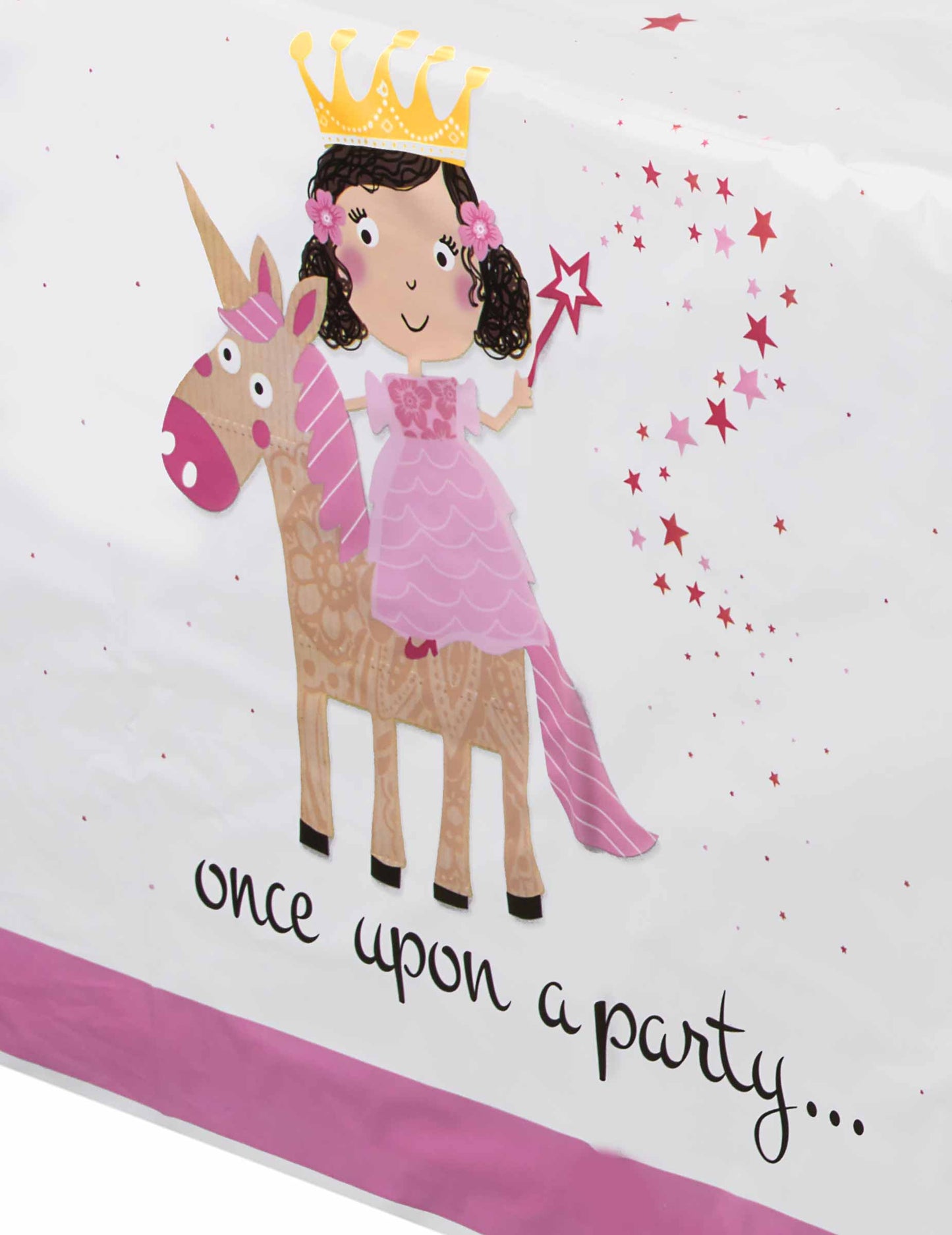 Détail de l'imprimé avec princesse et licorne de la nappe en plastique princesse et licorne pour anniversaire