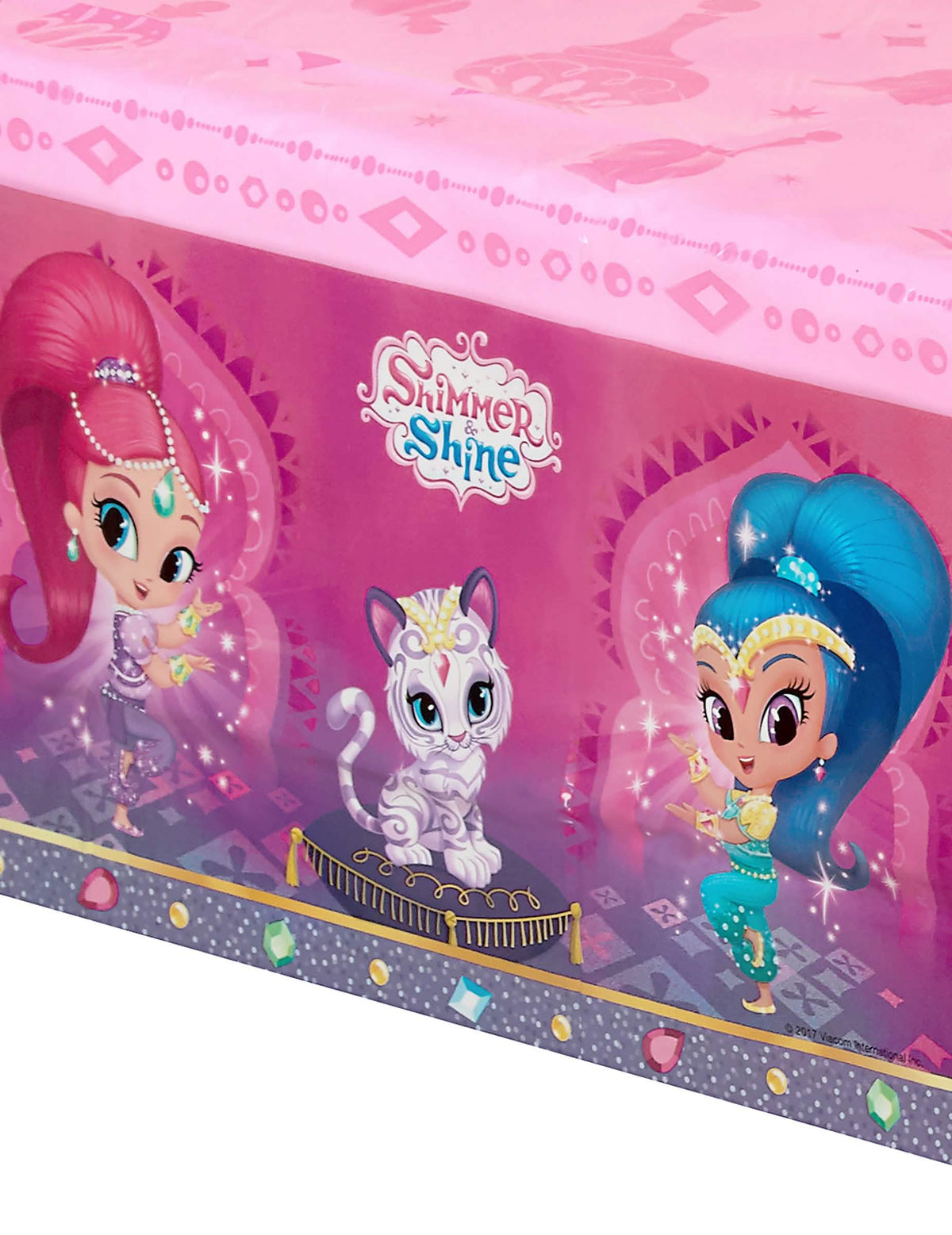 Shimmer ja Shine -muovipöytäliinan painatuksen yksityiskohta