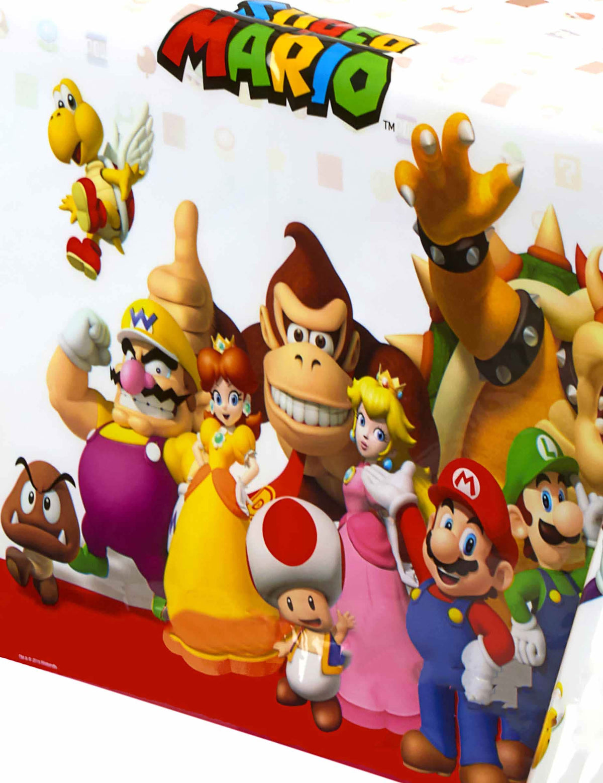 Lähikuva Super Mario -muovipöytäliinan hahmoista