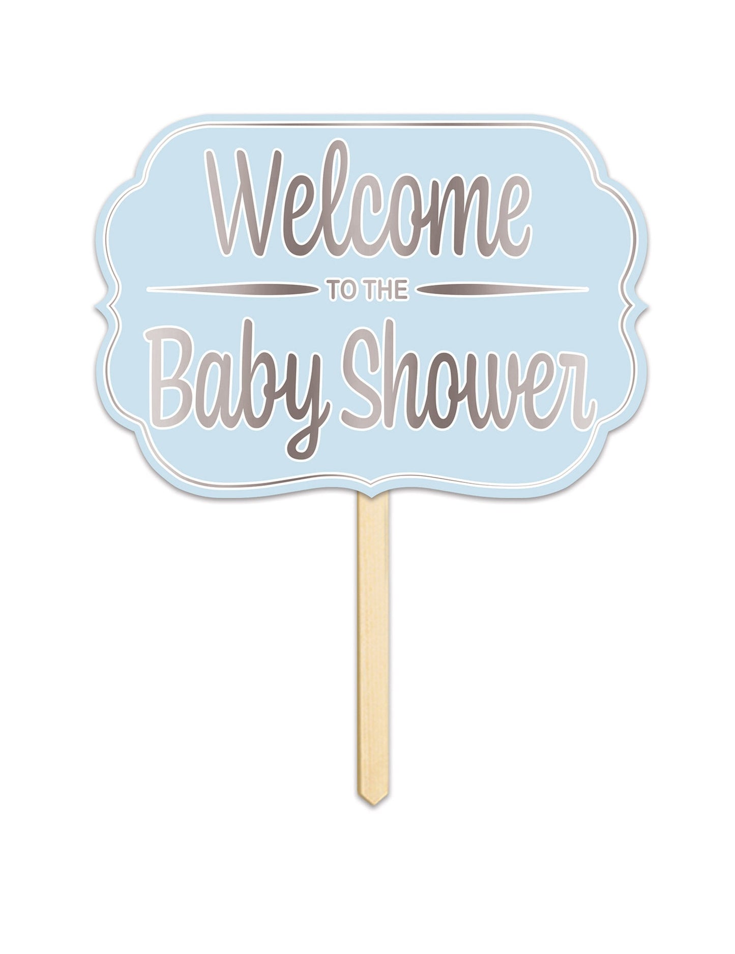 Panneau en carton Welcome to the baby shower bleu avec tige en bois
