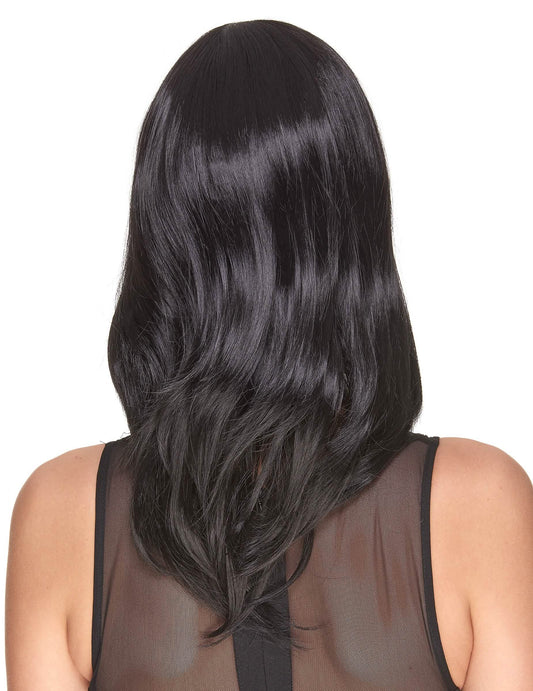 Vue de dos de la perruque luxe noire mi-longue pour femme