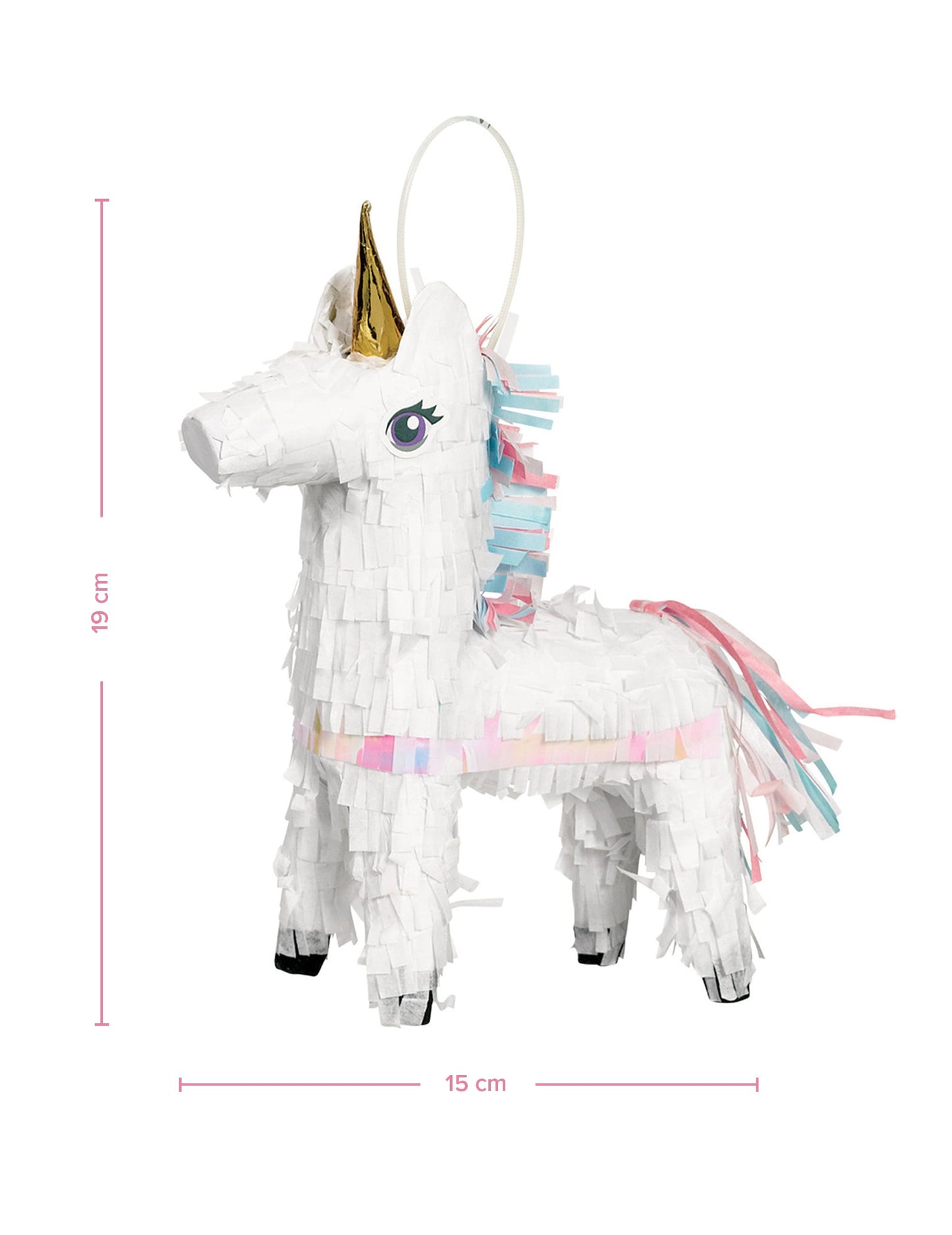 Détail des dimensions de la petite piñata décorative licorne magique