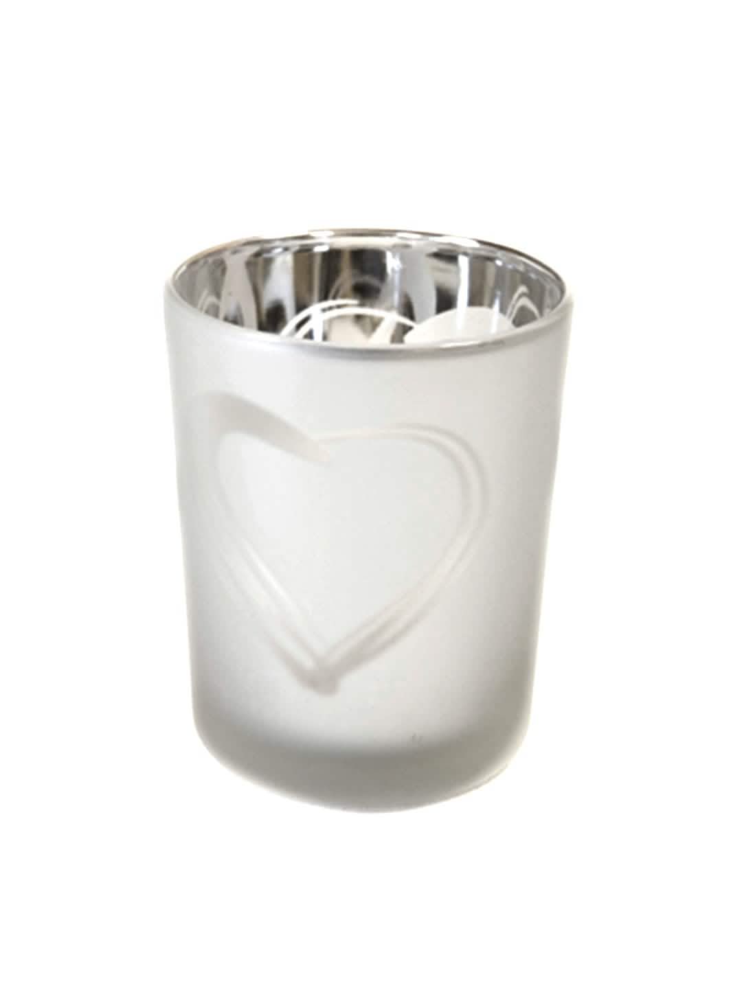 Photophore cœur pour décoration de mariage en verre givré argenté
