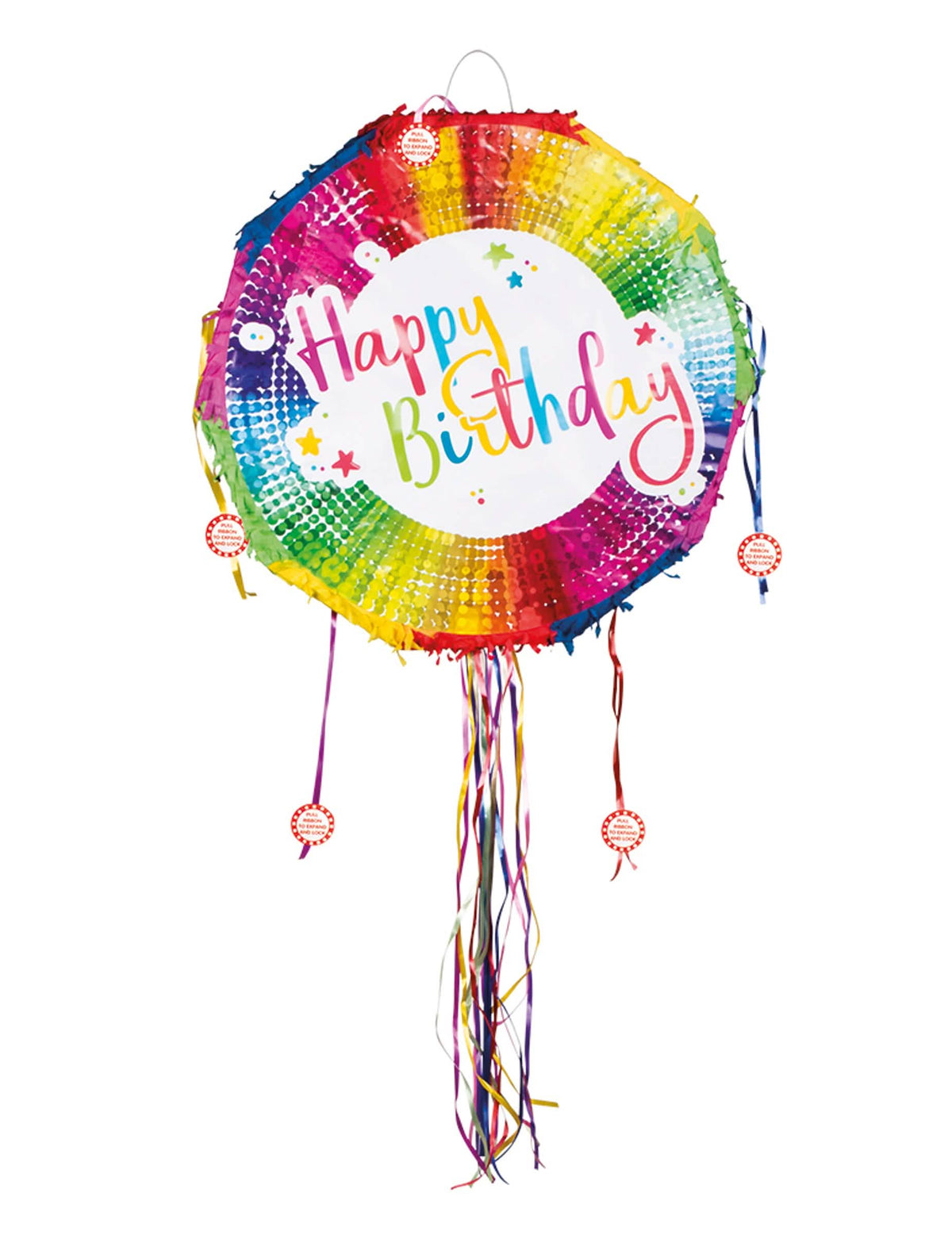 Piñata ronde Happy Birthday pour enfant multicolore avec rubans à tirer