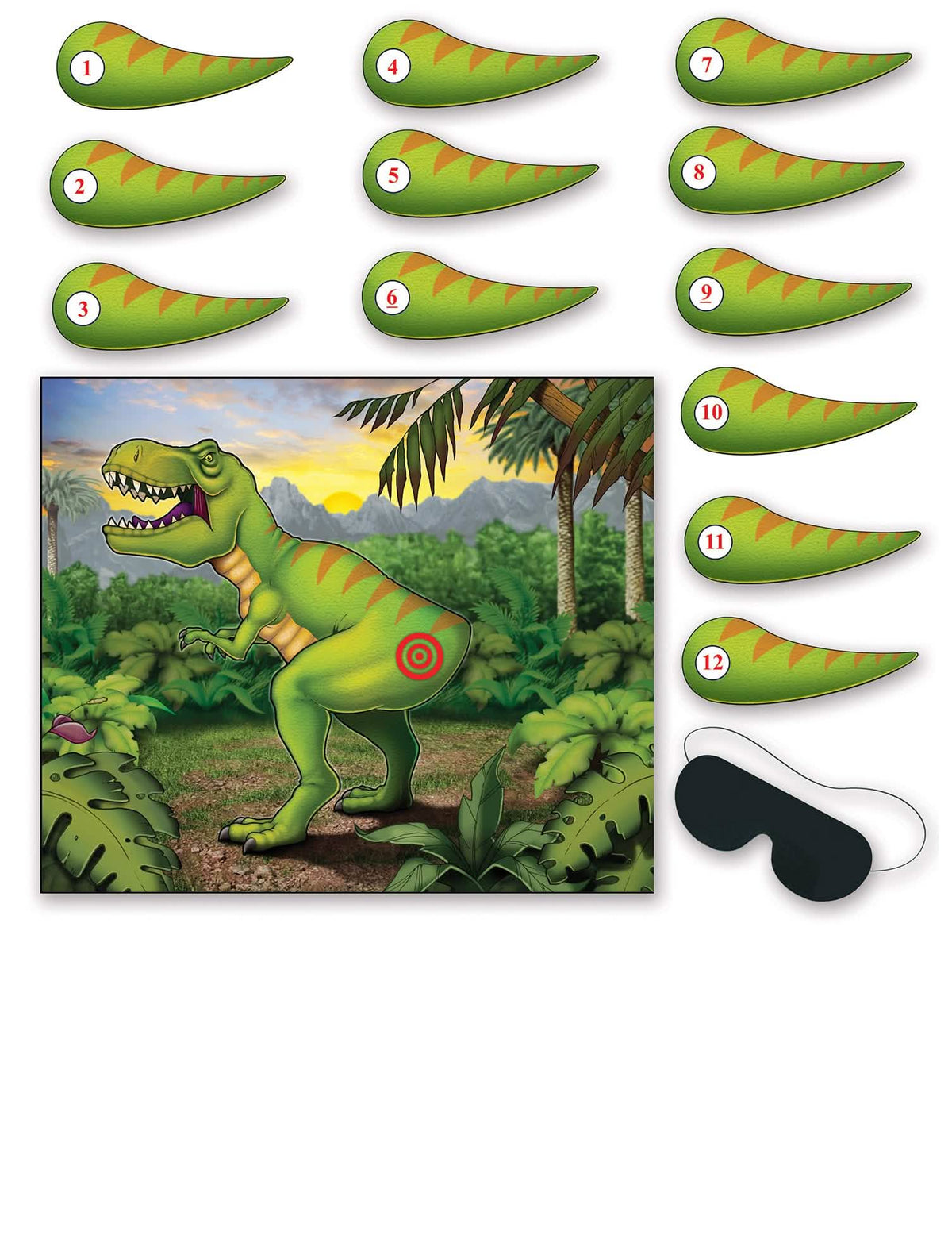 dinosaurusjuhla peli lapsille vihreä, jossa on numeroidut hännät ja musta side silmillä