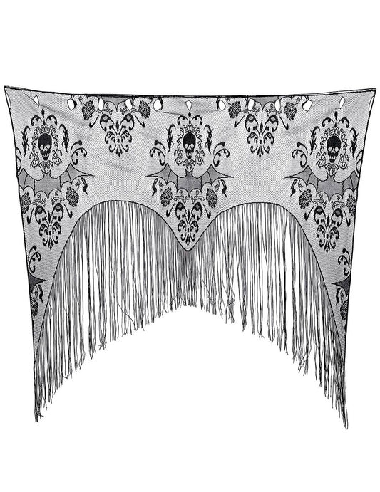 Détail de la dentelle et des motifs du rideau de porte à franges chauve-souris