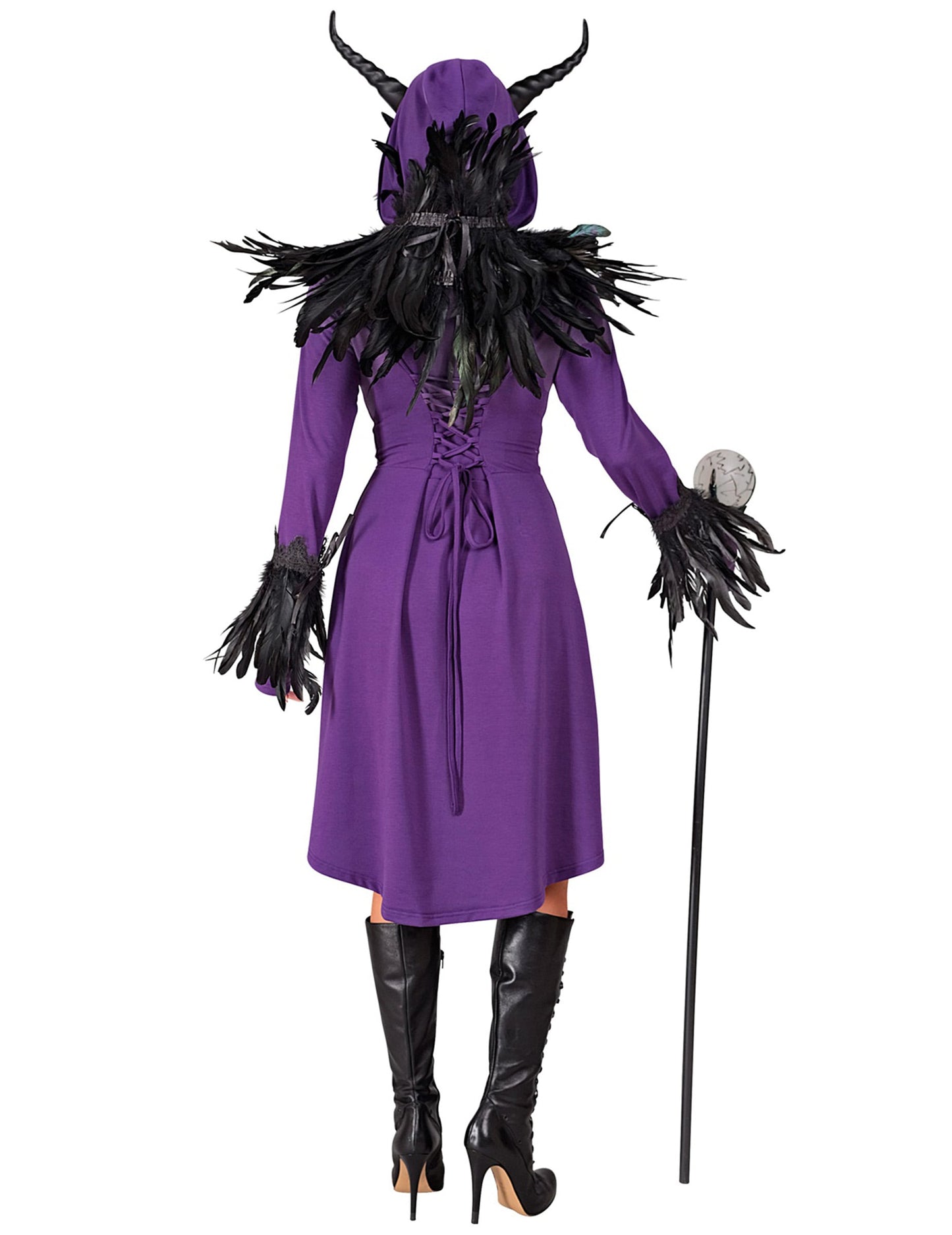 Vue de dos avec plumes noires et laçage de la robe gothique médiévale pour femme