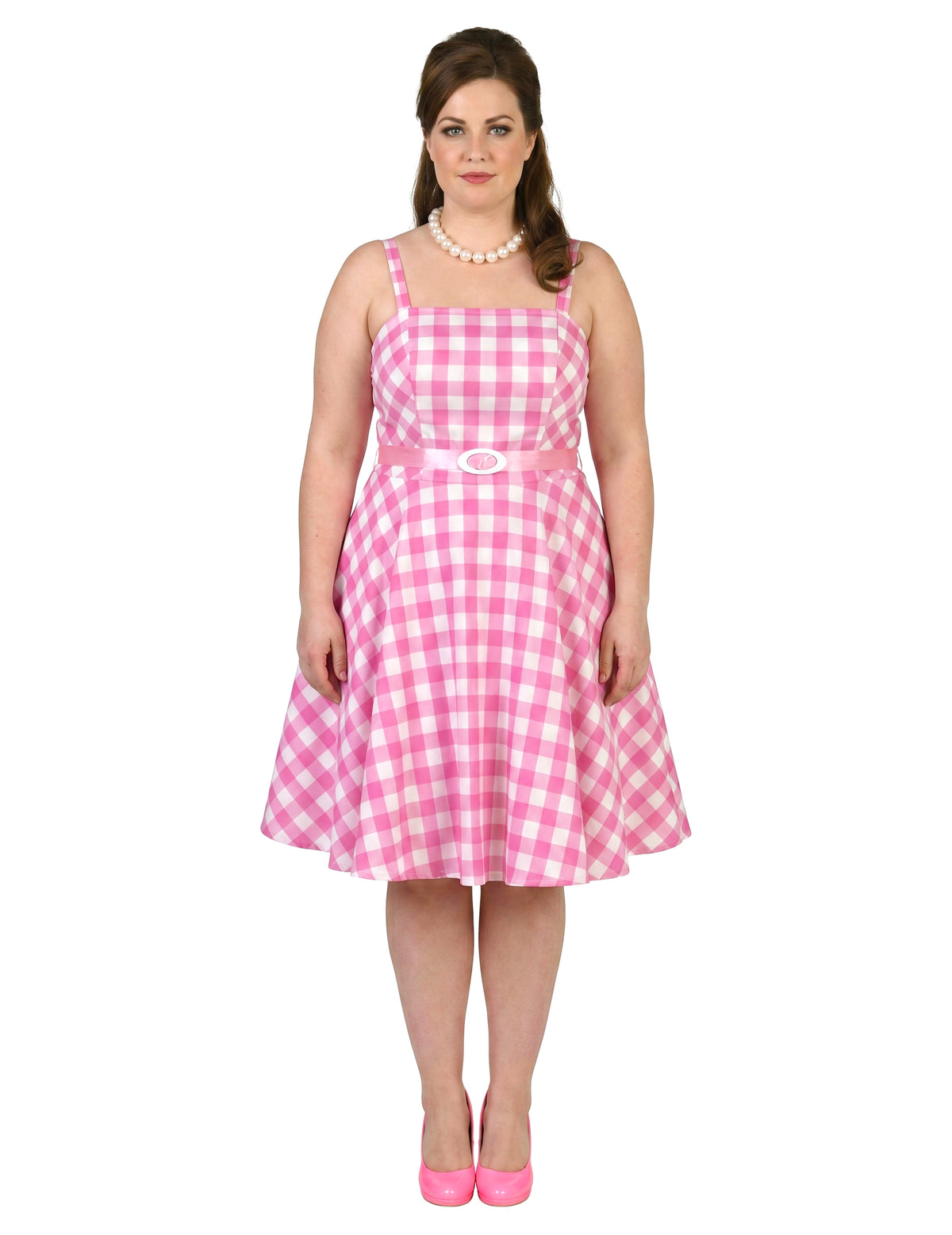 Pinkki 50-luvun ruudullinen nukkemekko naisille