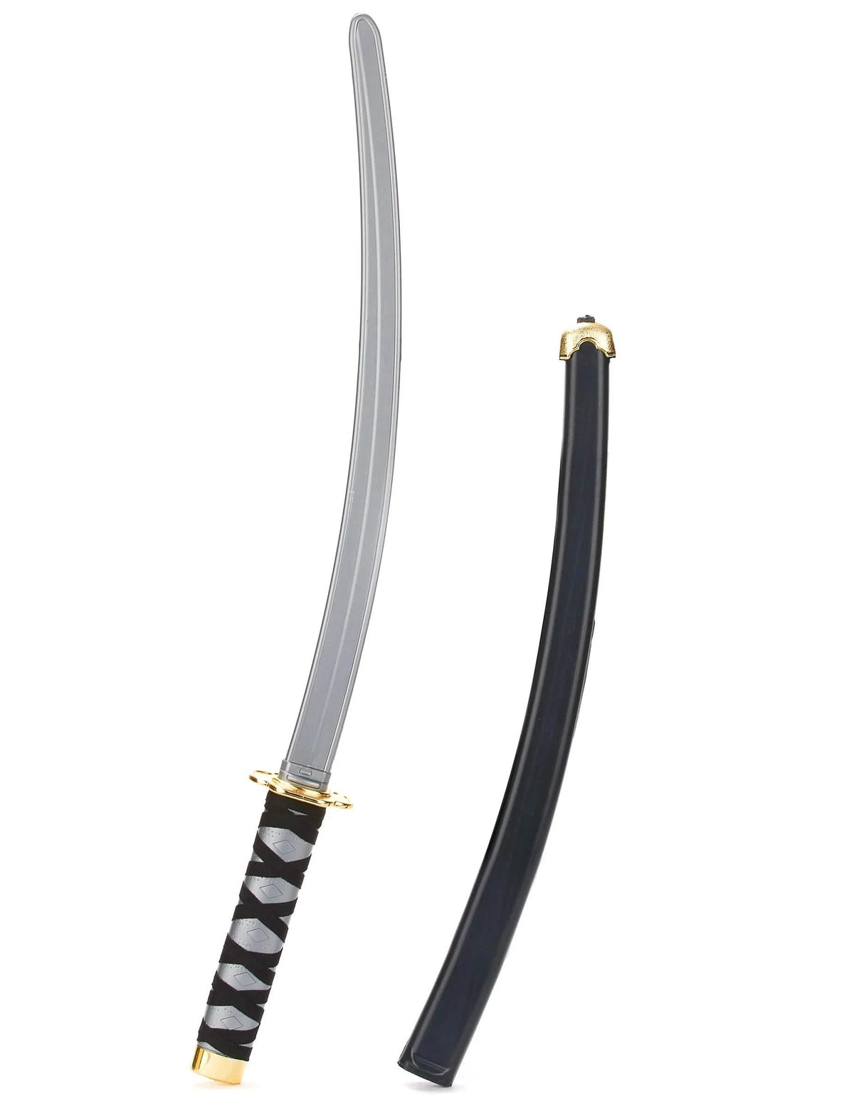 Gros plan sur la lame et le fourreau du sabre ninja en plastique pour adulte