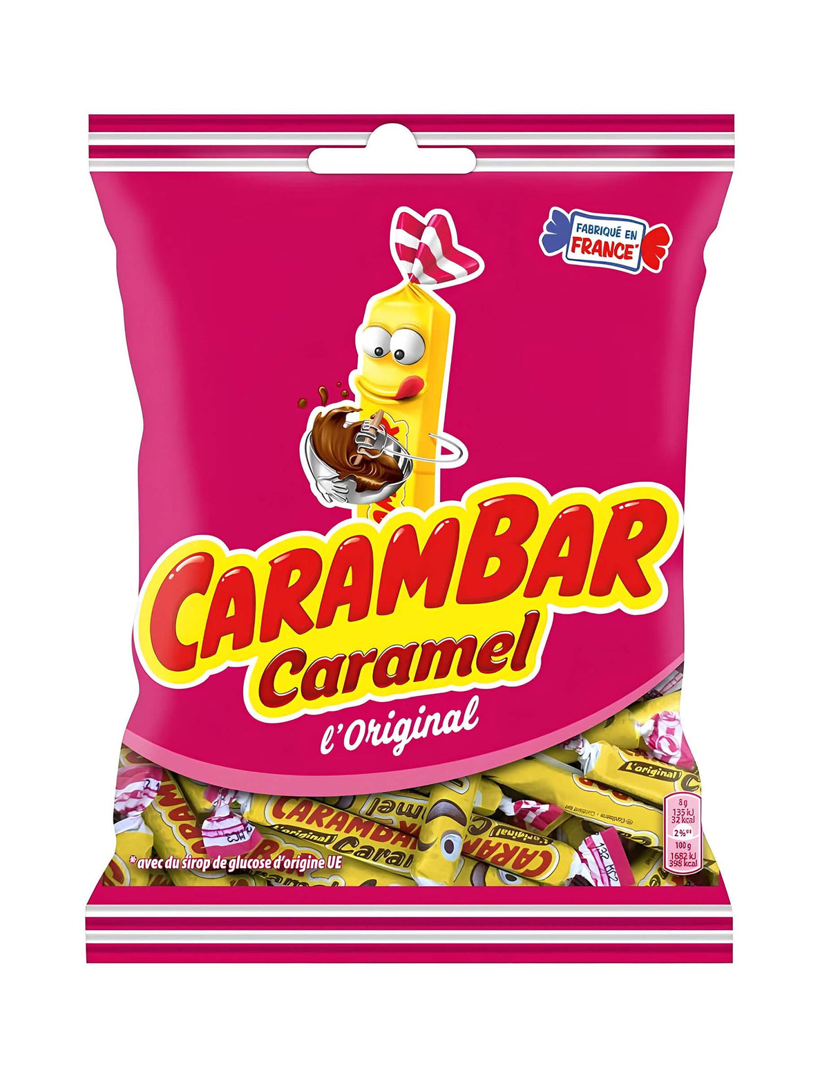 Karamellia sisältävä Karkit ja namut Carambar-pussi lapset ja aikuiset vaaleanpunainen ja keltainen