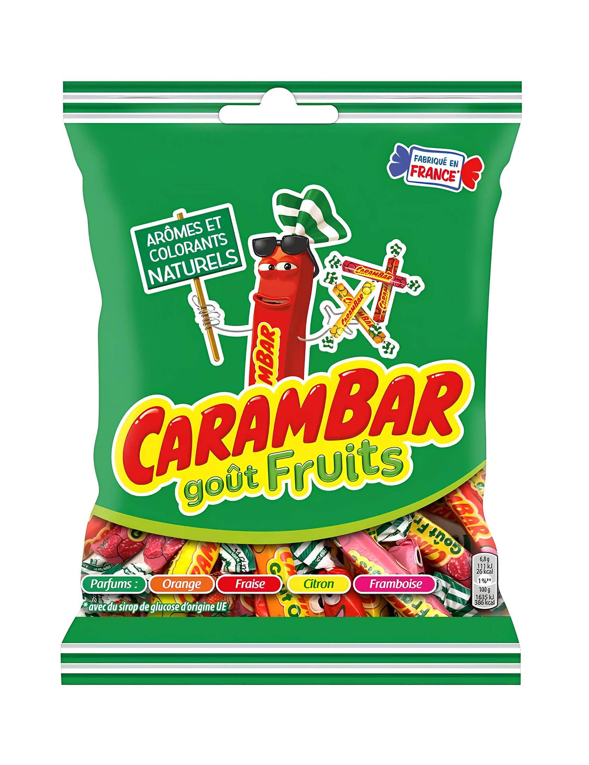 Karkkipussi Carambar hedelmät ja vihannekset lapsille ja aikuisille oranssi-, mansikka-, sitruuna- ja vadelman maulla