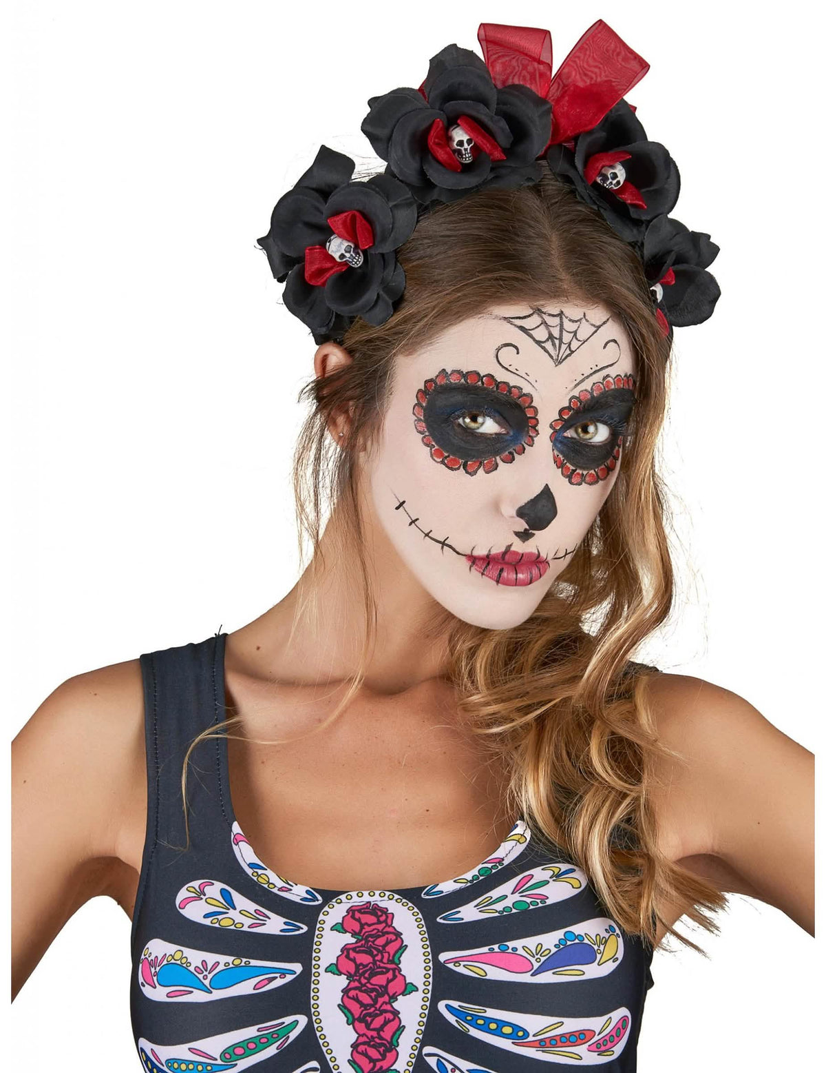 Päänauha Día de los Muertos -kukkia aikuiset musta ja punainen pienillä pääkalloilla