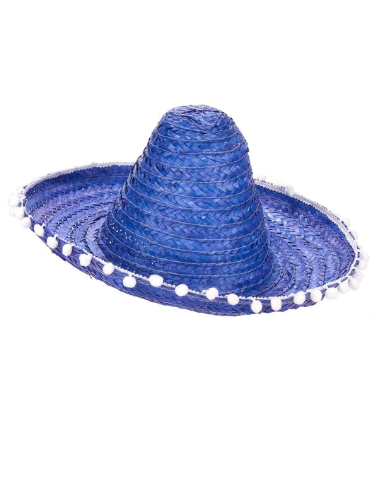 Aikuisten sininen sombrero-hattu valkoisella tupsureunuksella