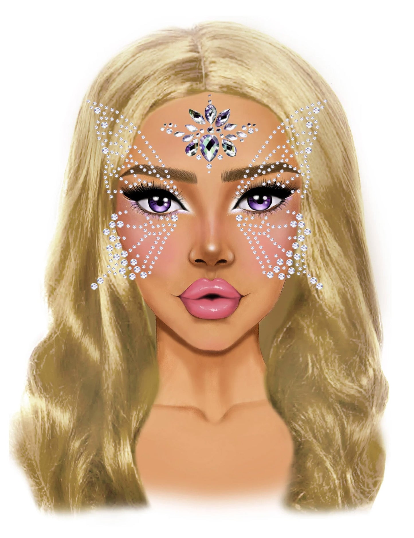 Mise en situation sur le visage des strass adhésifs papillon visage et corps