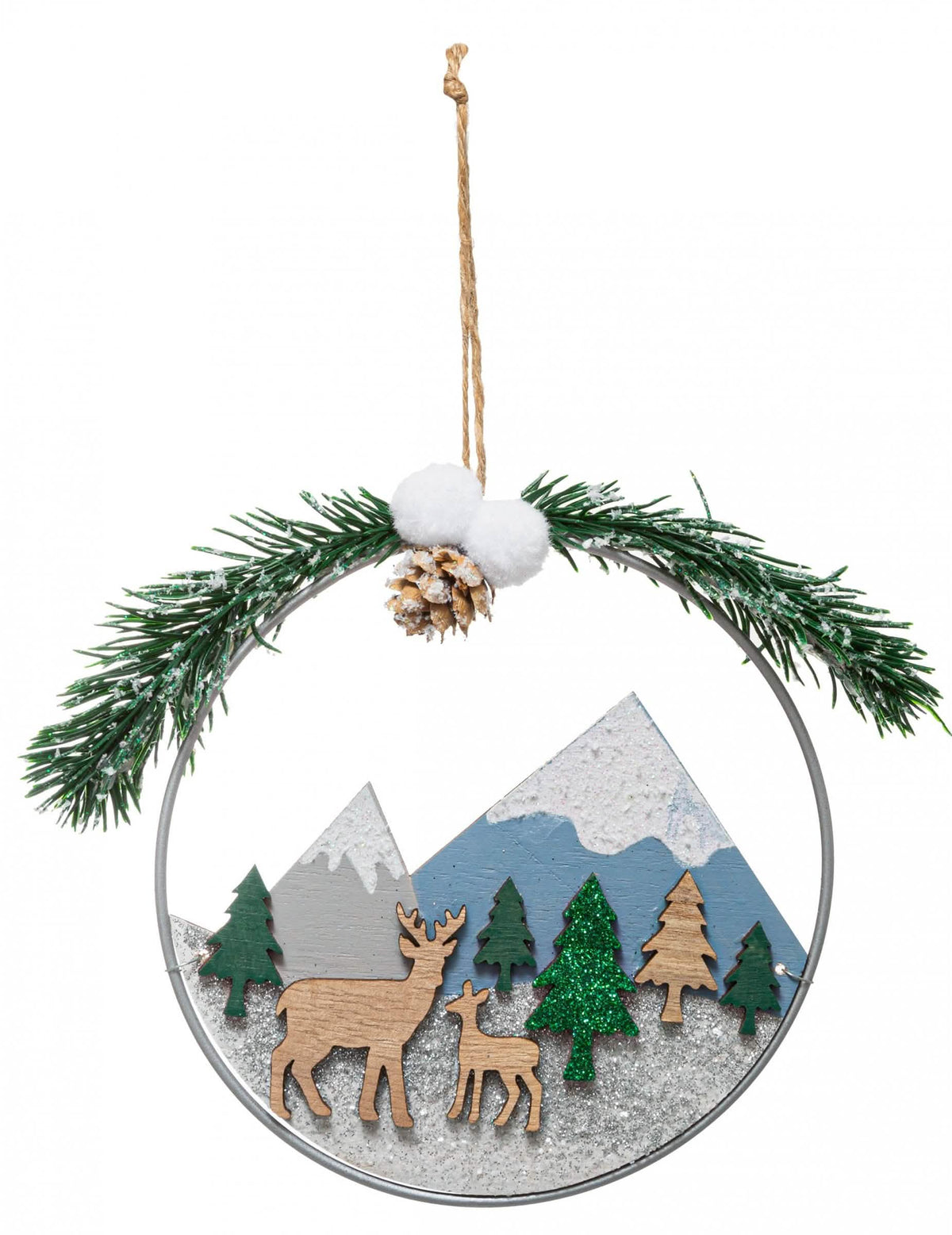 Suspension couronne paysage de Noël naturelle en bois avec cerf et sapins