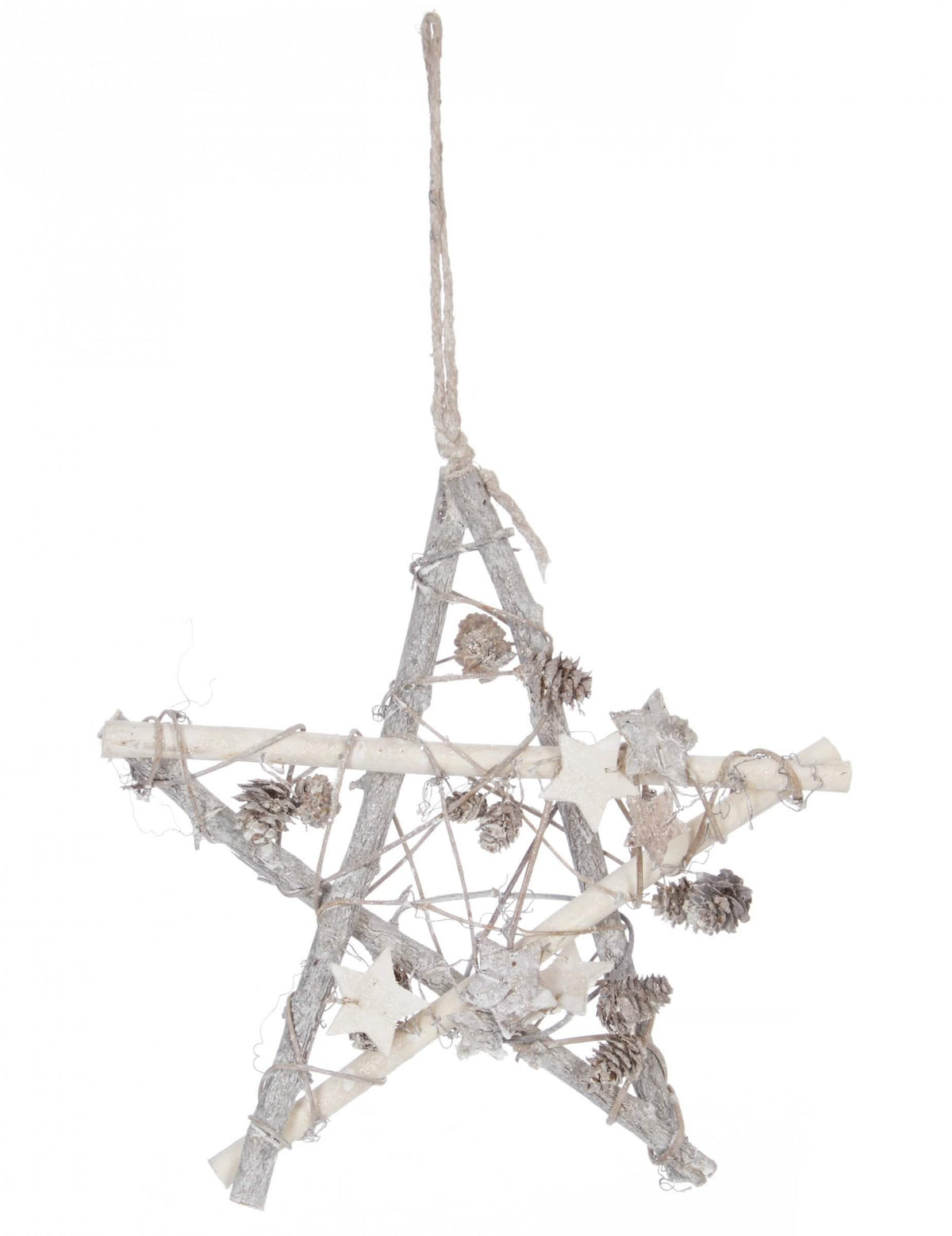 Suspension en bois étoile polaire pour décoration blanche et argentée avec pommes de pin