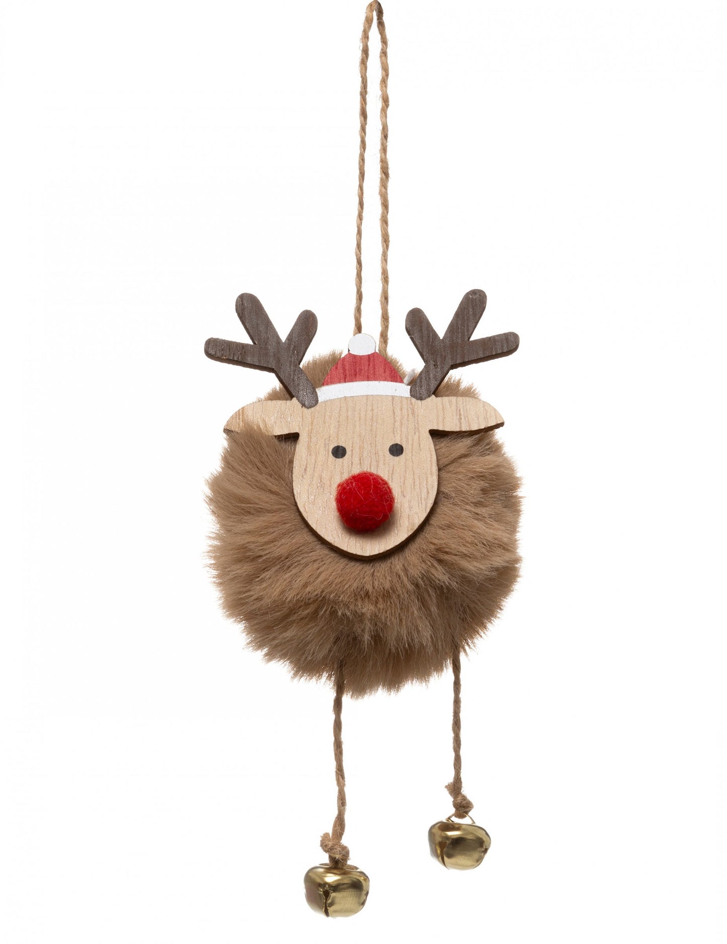 Suspension renne de Noël pompon marron avec nez rouge et grelots dorés