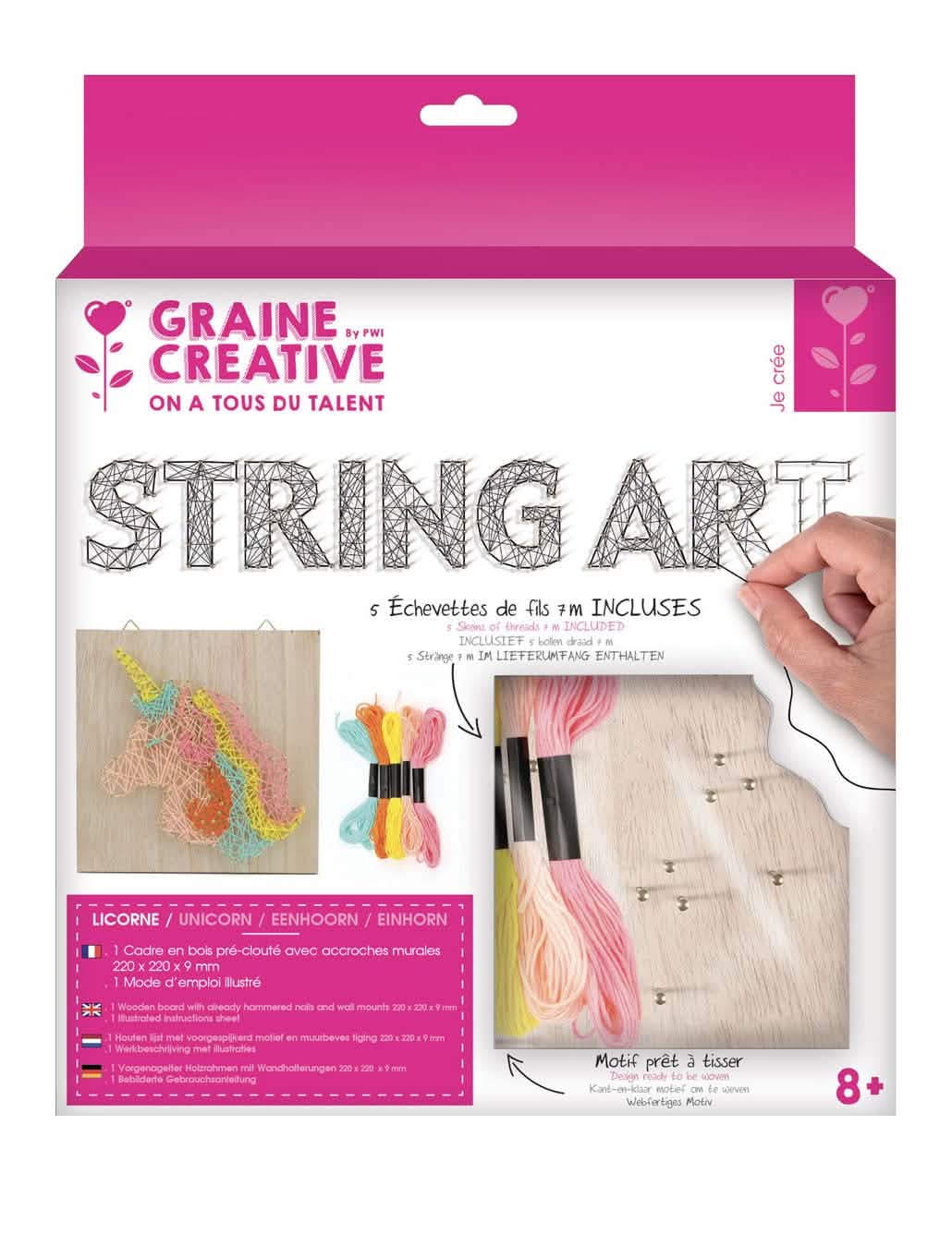 Laatikkonäkymä ja puisen askartelusetin sisältö string art yksisarviset-taulu