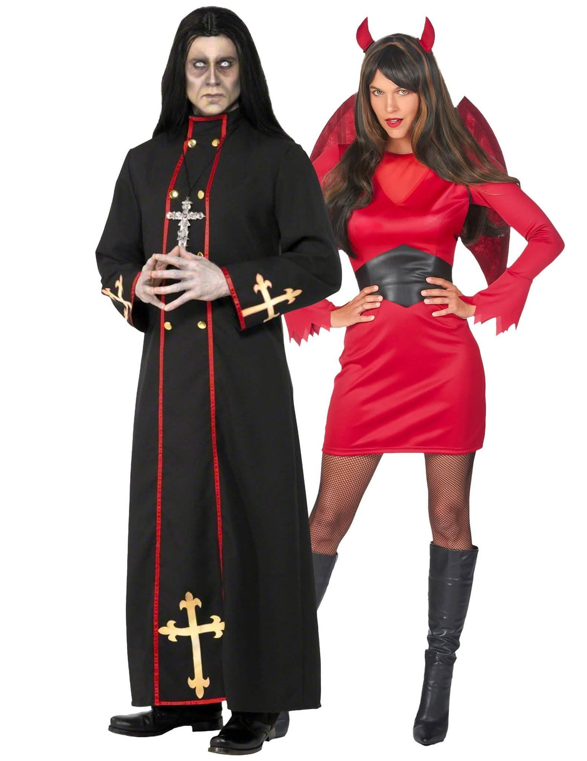 Punainen ja musta paholainen ja demonimunkkipari Halloween-naamiaisasu