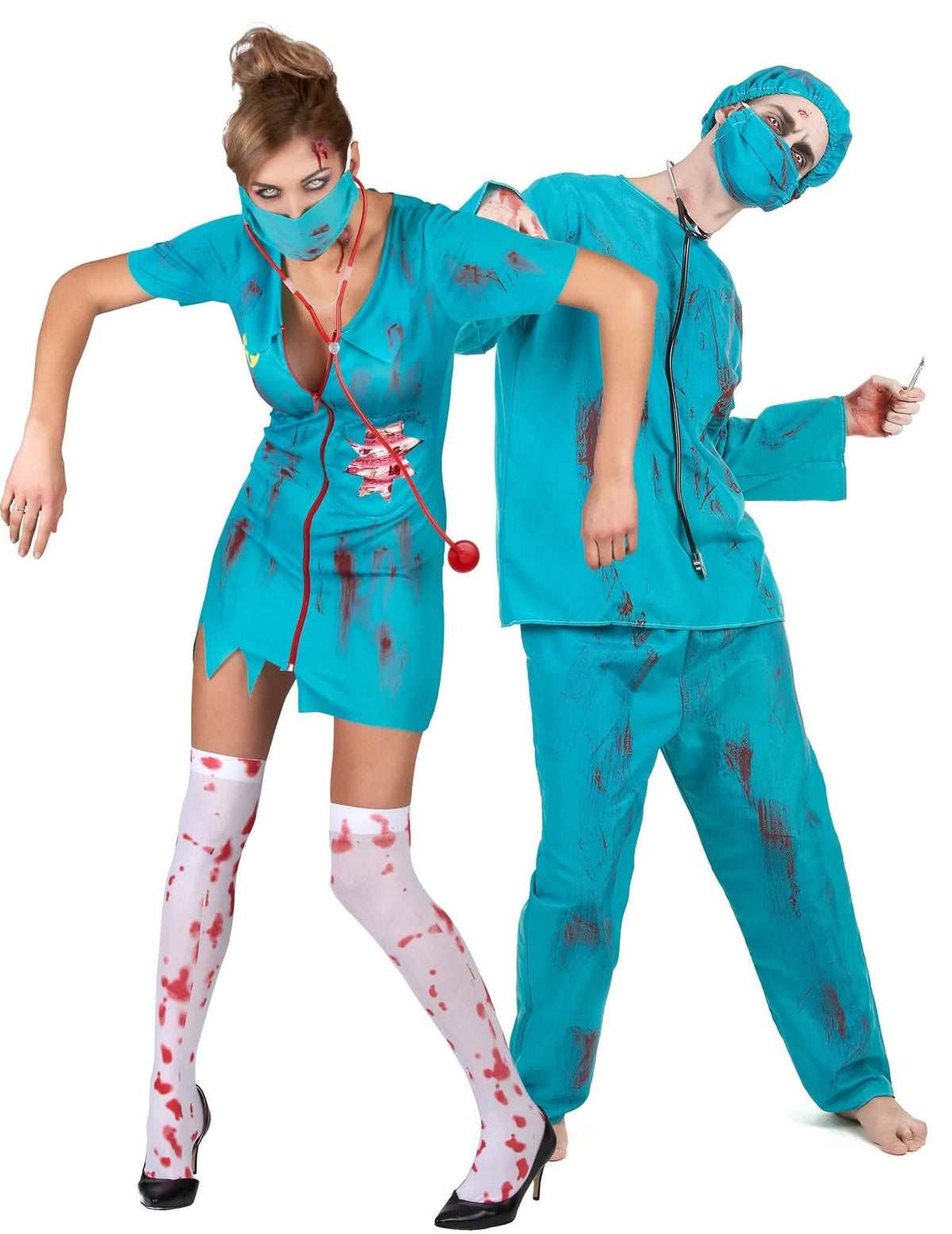 Aikuisten Halloween zombie sairaanhoitaja ja kirurgi -pariasu