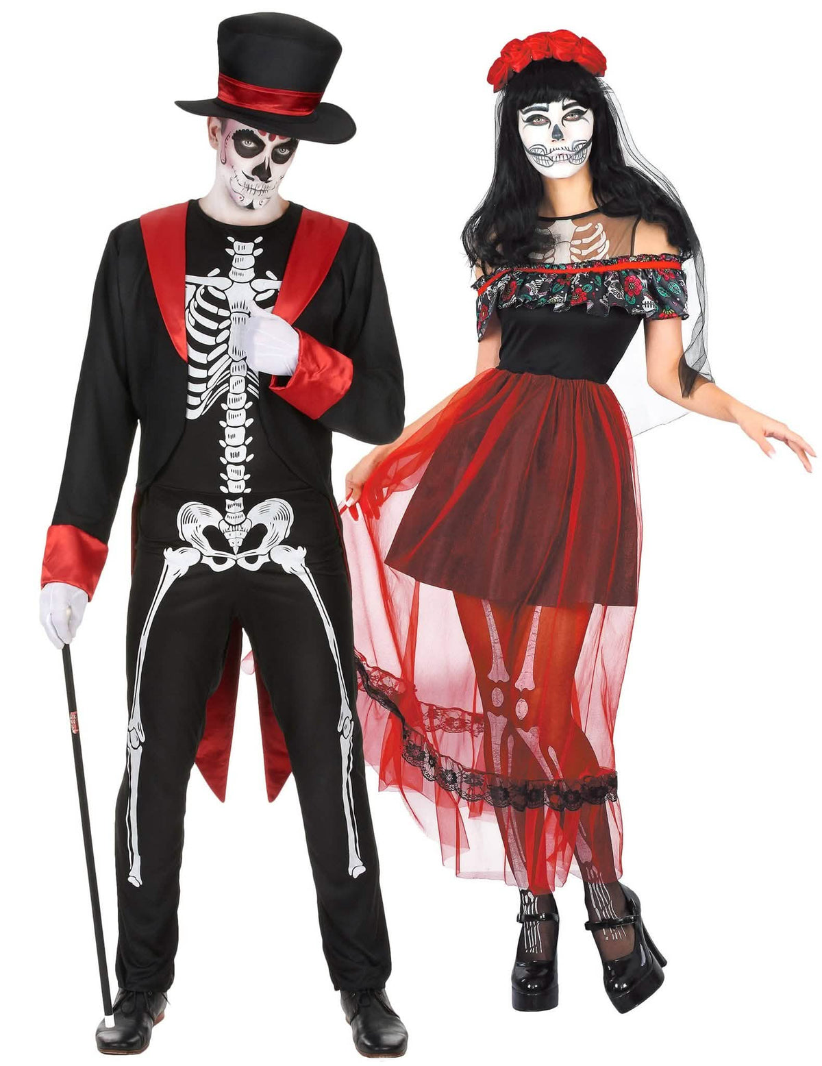 Aikuisten tyylikäs punainen ja musta Dia de los muertos Halloween-luurankopariasu