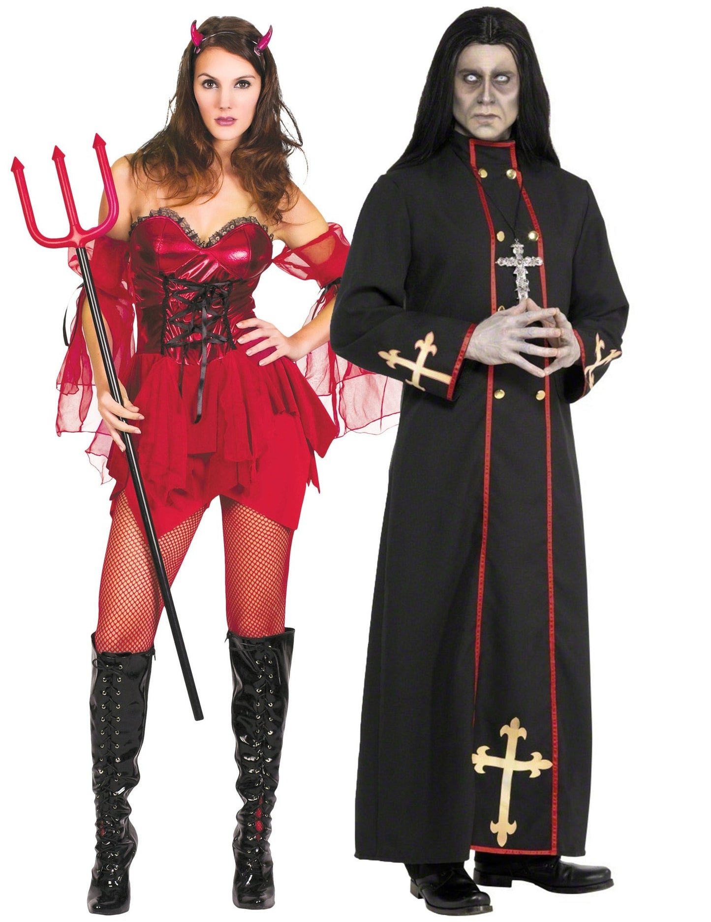 Punainen seksikäs paholainen ja demonimunkkipari Halloween-naamiaisasu