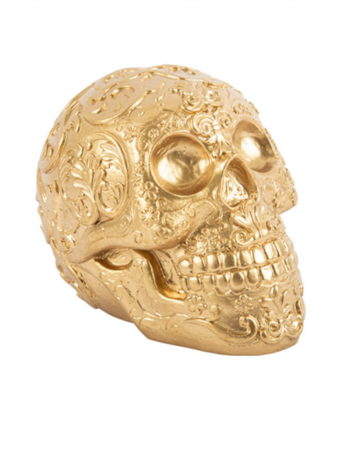 Tête de mort Calaveras pour Halloween dorée avec motifs en relief