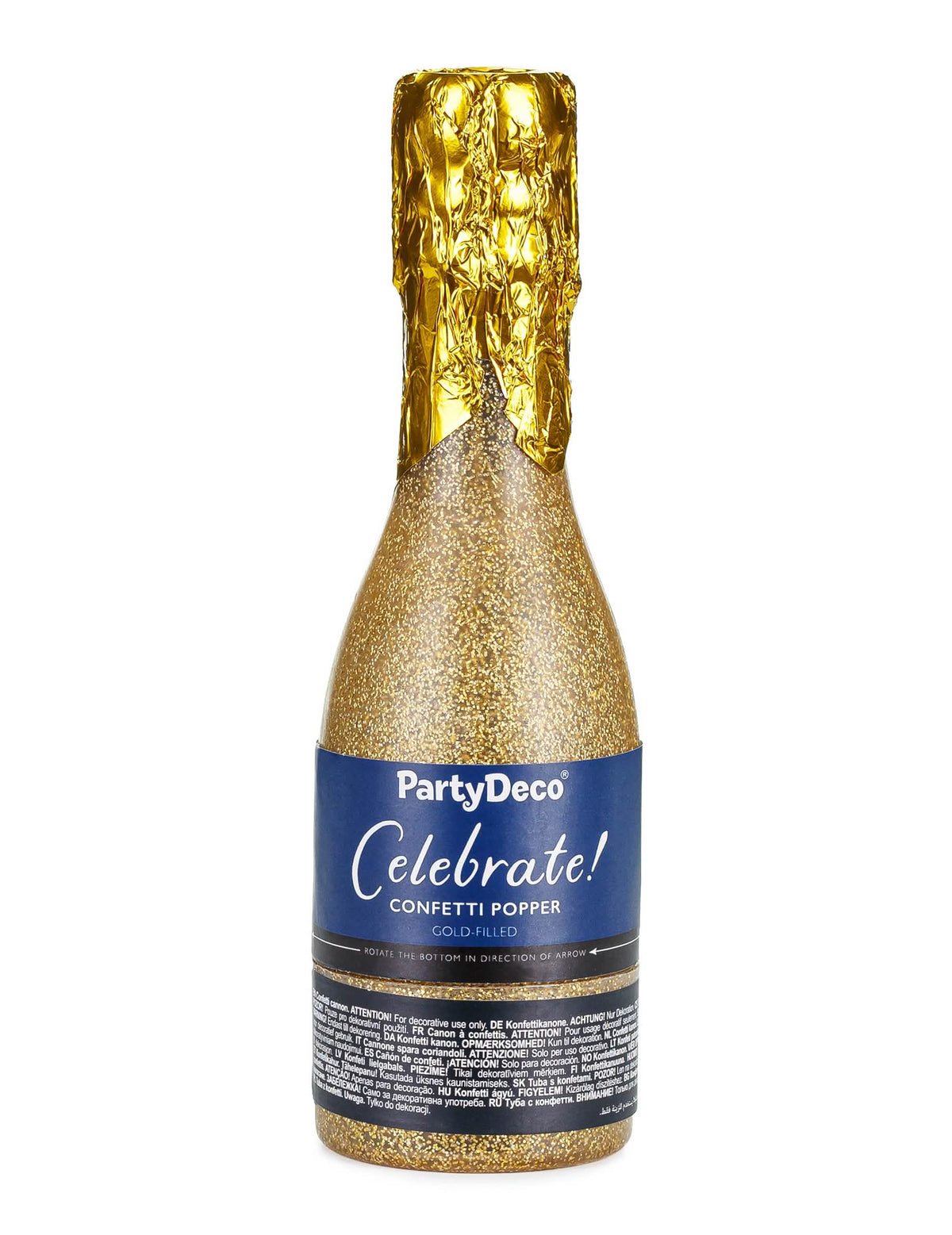 Vue de face du canon à confettis champagne doré métallisé