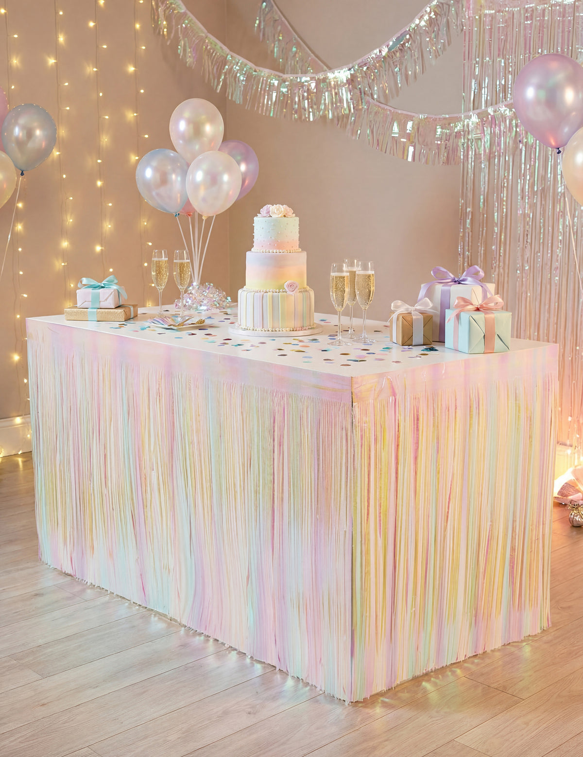 Jupe de table à franges irisées pour fête pastel multicolore