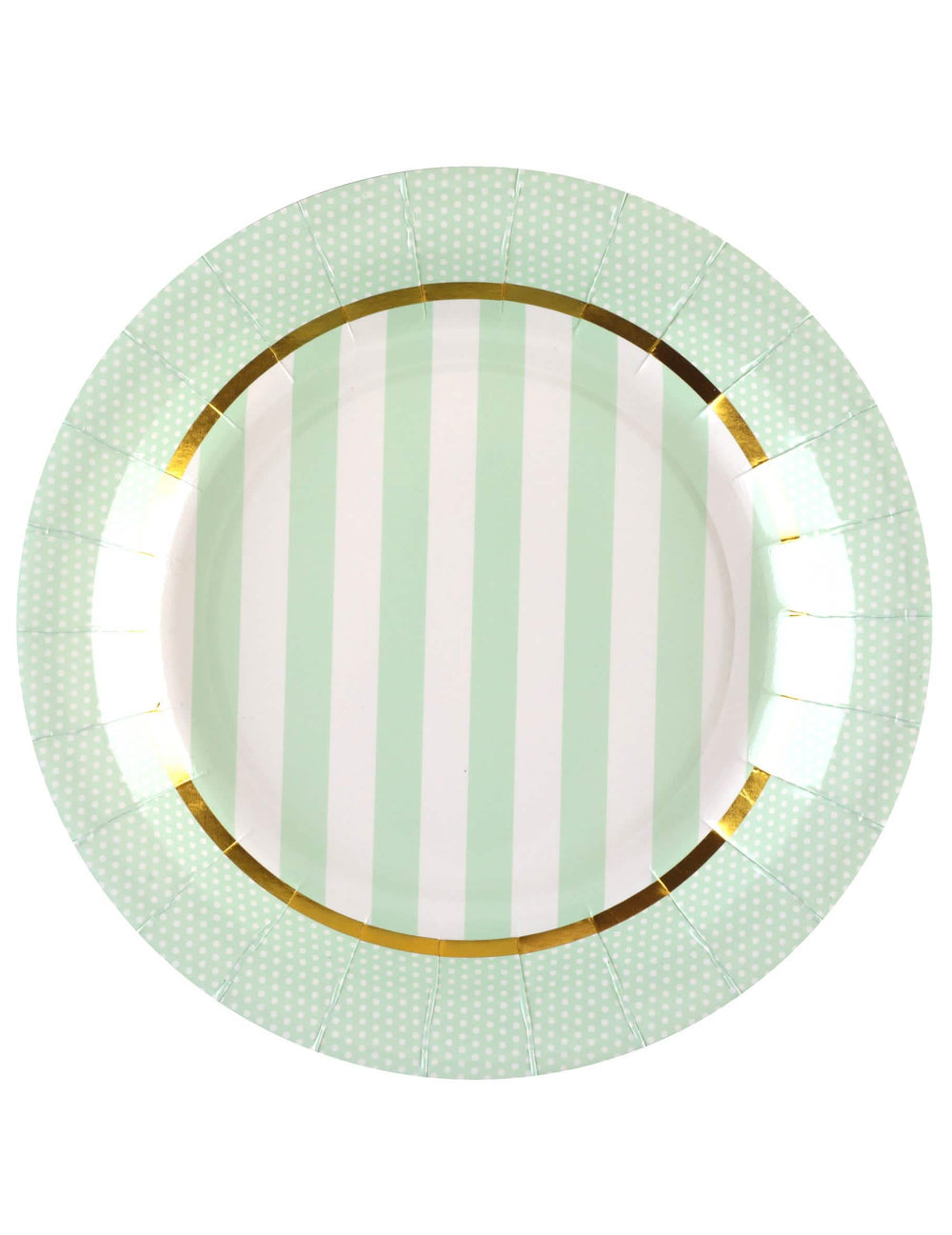 Assiettes en carton baby shower menthe à rayures et pois avec bordure dorée