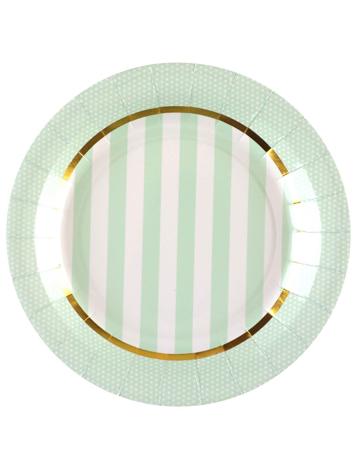 Assiettes en carton baby shower menthe à rayures et pois avec bordure dorée
