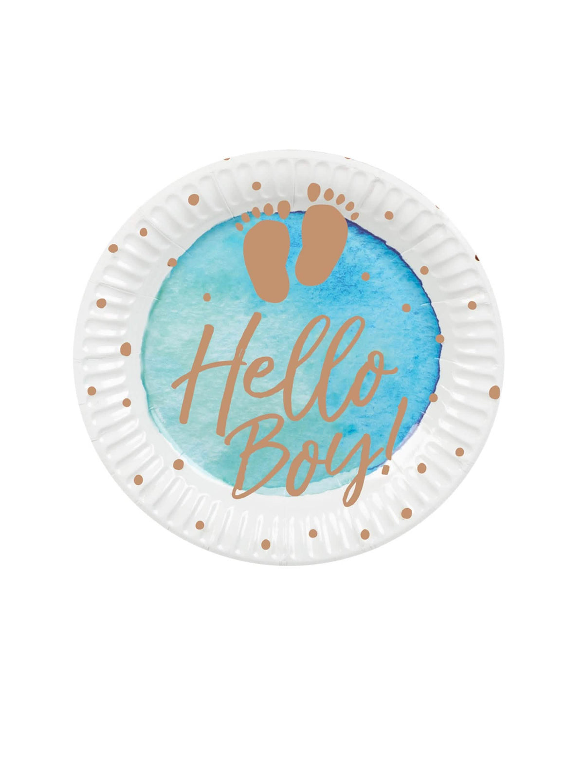 Kartonkiset Hello Boy -lautaset baby showeriin, sininen ja kulta