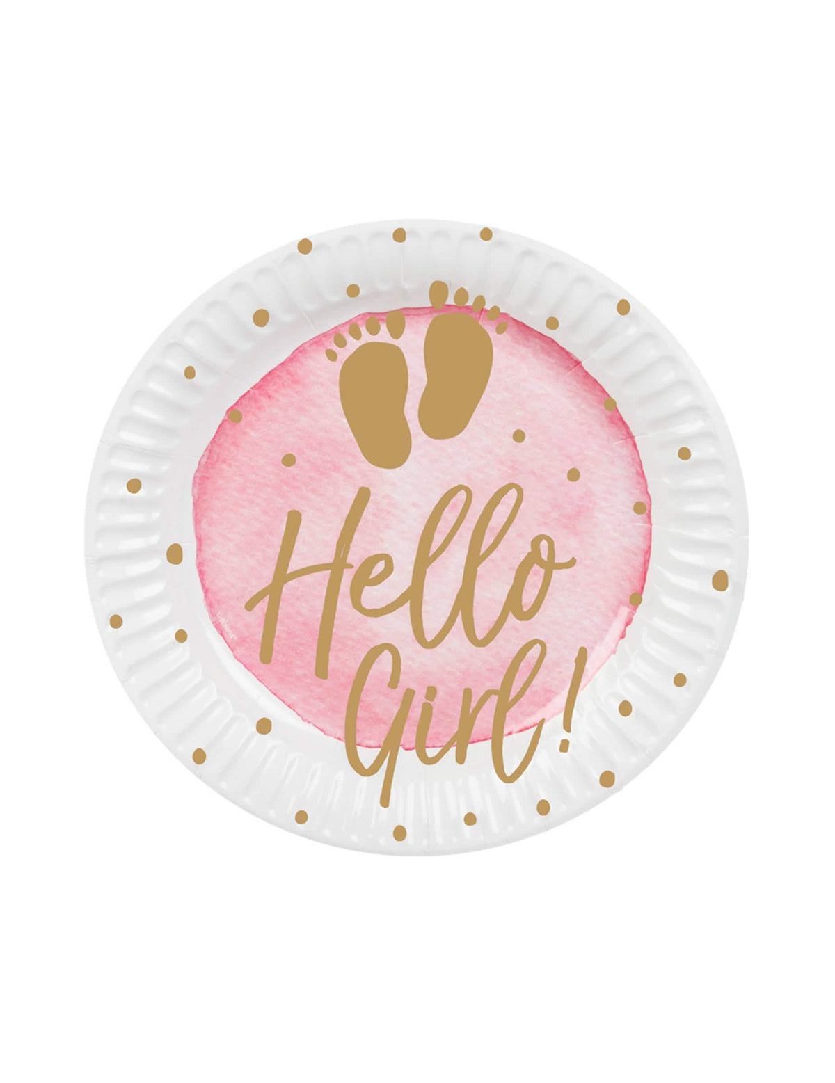 Assiettes en carton Hello Girl pour baby shower rose et or
