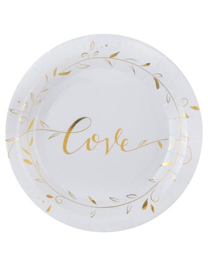 Assiettes en carton Just Married pour mariage blanches et dorées métallisées