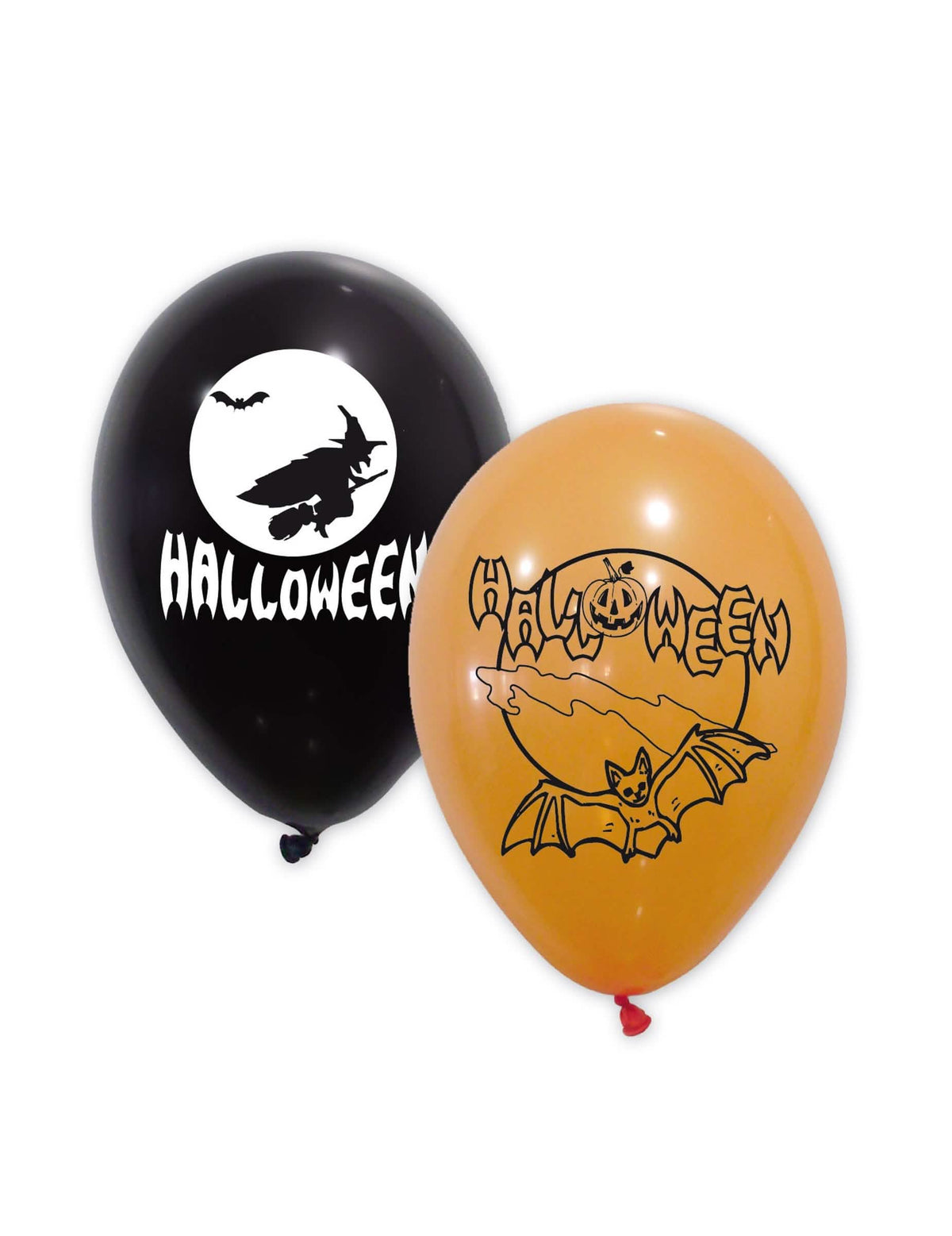 halloween ilmapallot lateksia mustina ja oransseina, joissa on noita- ja lepakkomotiivit
